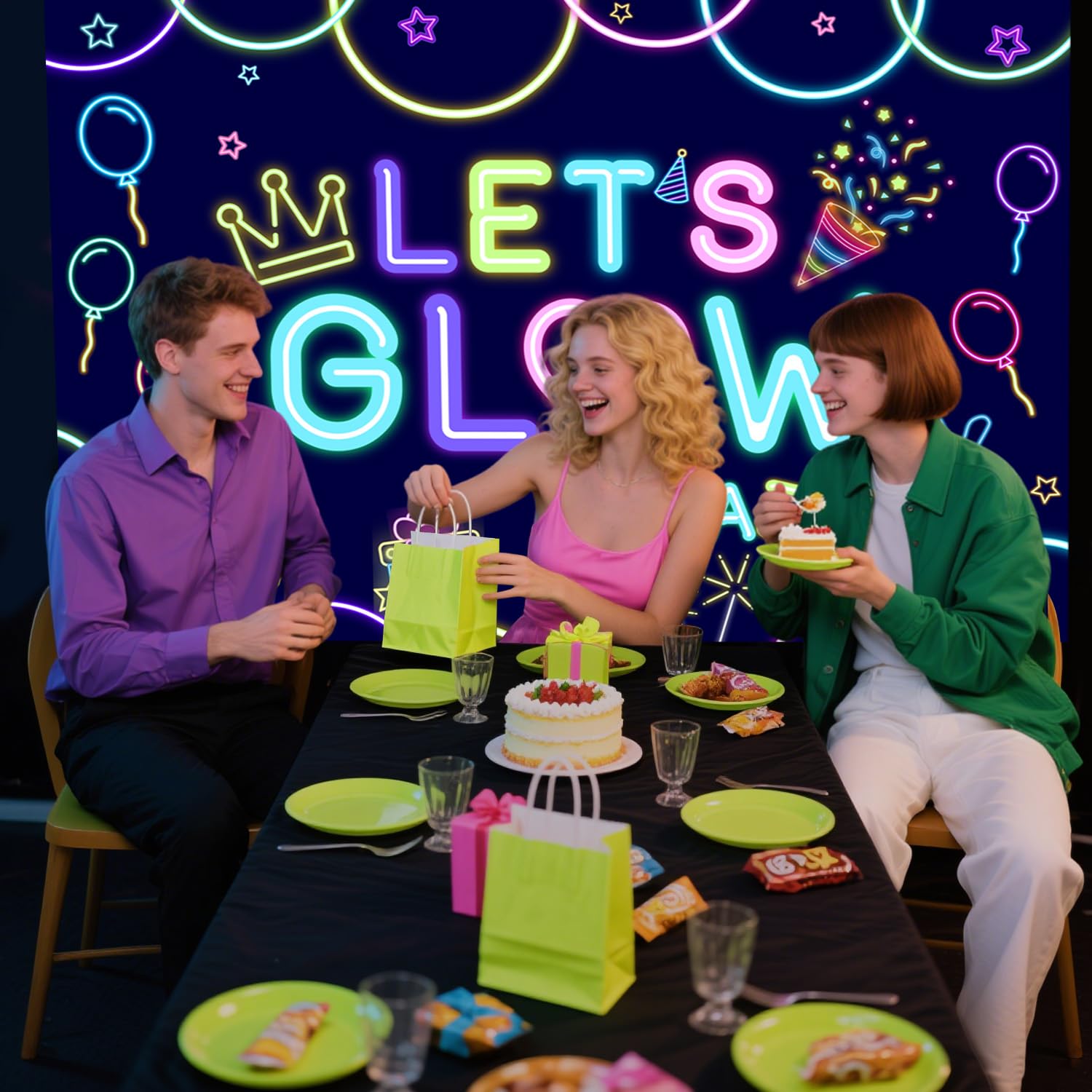 Fondo De Fiesta Neon ‘Let’s Glow’ - Brilla En La Oscuridad, Tamaño 120x180 Cm, Ideal Para Cumpleaños, Fiestas Temáticas O Eventos Nocturnos