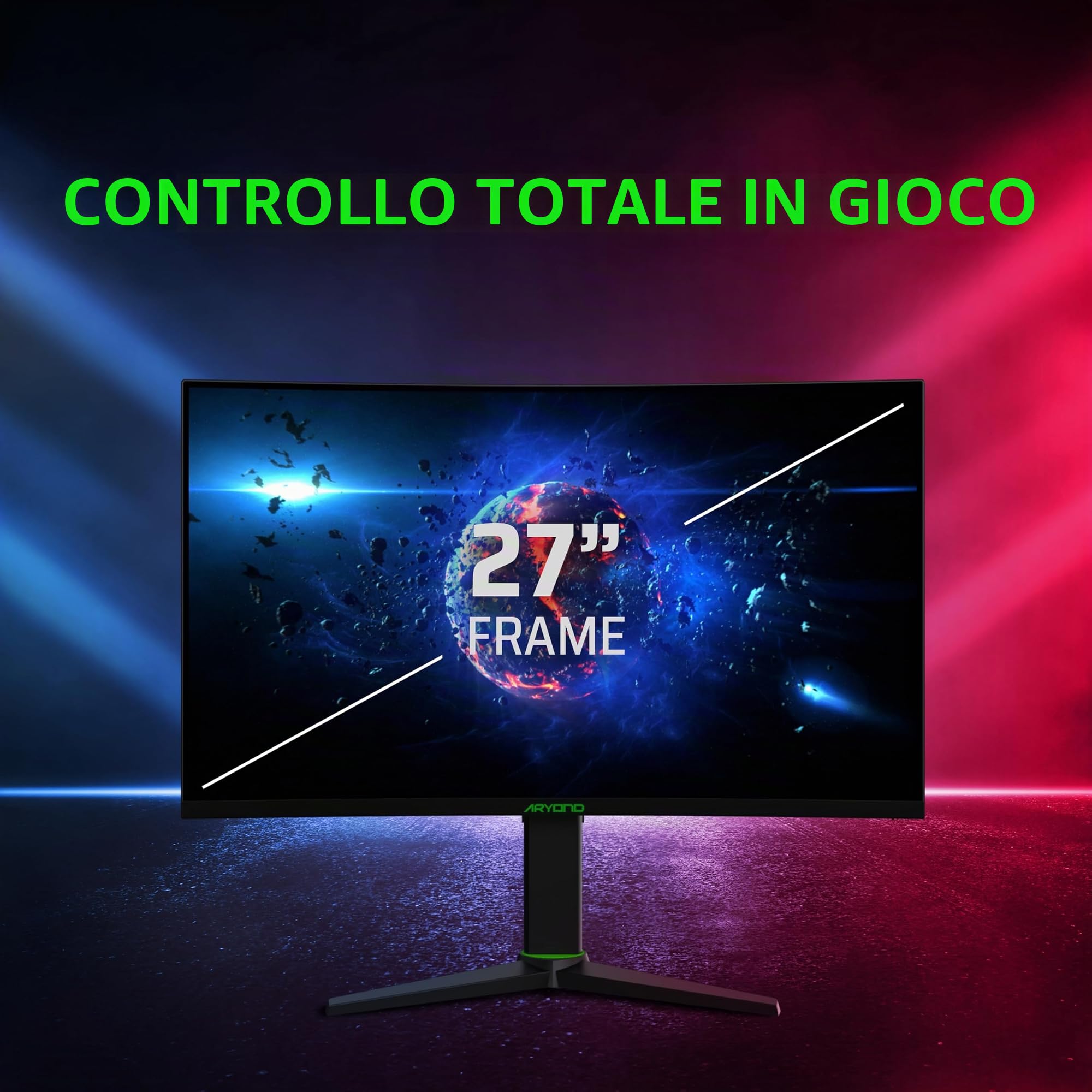 Aryond Monitor curvo da gioco A27 V2 | Display QHD curvo da 27 pollici a 180 Hz (2560x1440) | Tempo di risposta 1ms | HDR 10| FreeSync - G Sync 119,9% ​​| SRGB | Altoparlanti 2* Ω8 x 2W | Connessione