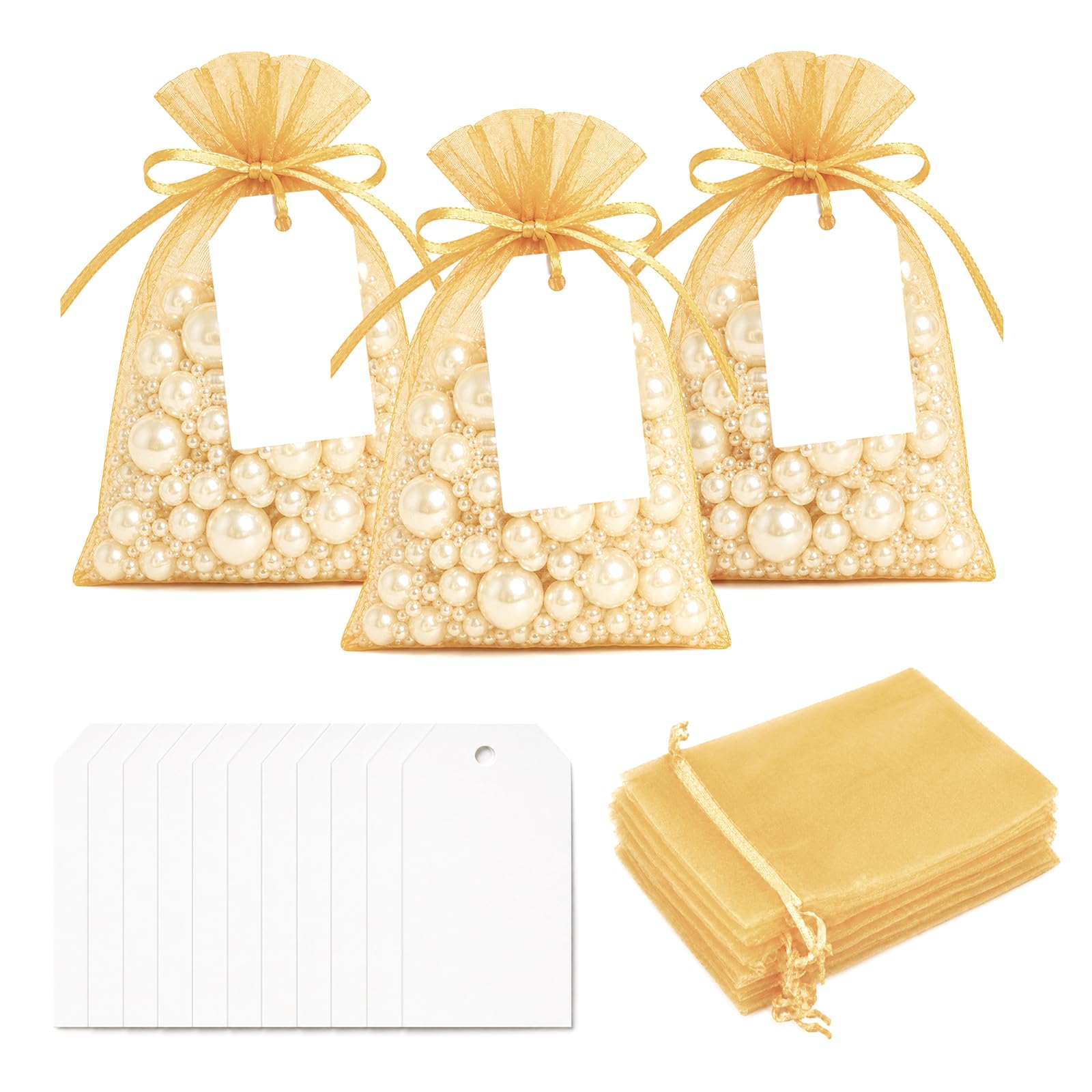 G2PLUS 25 Pack Organza Gift Bags with Tags: 10 x 15 cm Gold Drawstring Favour Pouches with 4 x 7 cm White Tags for Wedding Party Favours Jewellery Candy