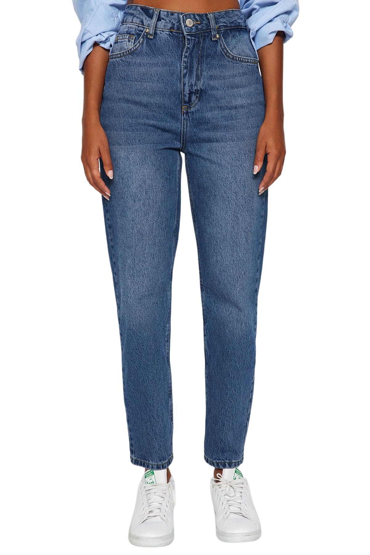 Trendyol - Dark Blue High Waist Mom Jeans Twoaw24je00076, Jeans Donna