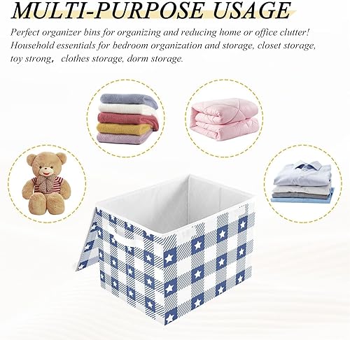 Miniatura 7 de Gingham-pattern-pastel-vichys Foldable Fabric Storage Boxes with Lids and Handle, Large Storage Bins for Living Room, Bedroom, Closet, Office