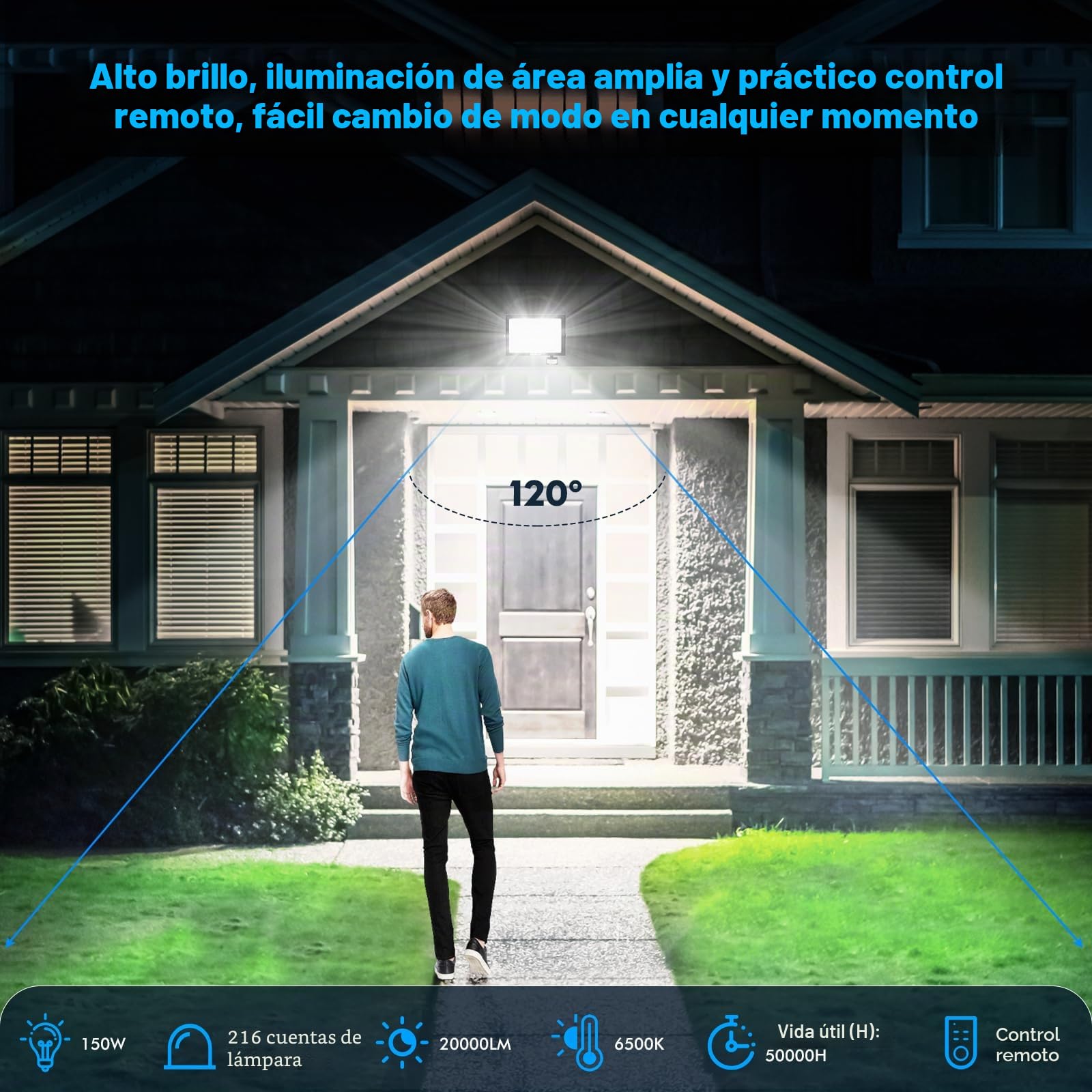 Foco LED de 200 W con sensor de movimiento para exteriores, 20 000 LM,con mando a distancia,blanco frío de 6500 K, superbrillante,resistente al agua IP66,para jardín,garaje y patio