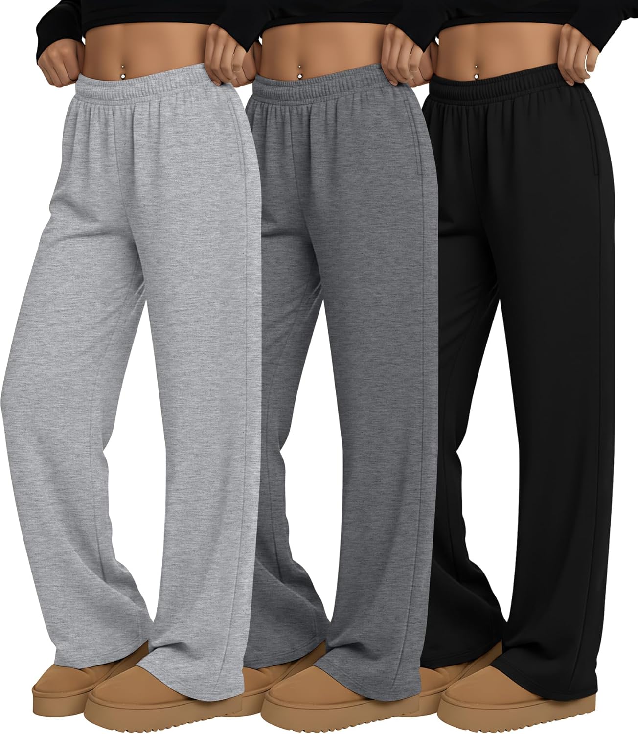 3 Pack Women's Wide Leg Sweatpants Interior Drawstring Baggy Sweatpant High Waisted Casual Jogger Pant with Pocket