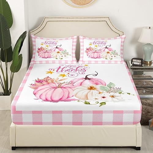 Miniatura 3 de Juego de sábanas de otoño rosa, sábana bajera ajustable de calabaza para niños, niñas, adolescentes, decoración de habitación, juego de ropa de cama