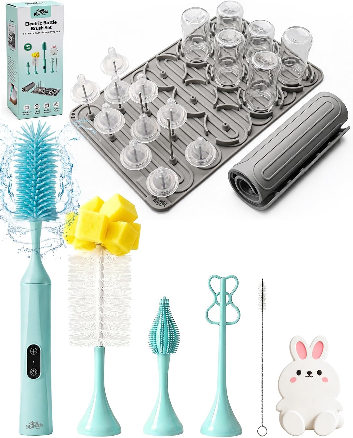 Tiny Marvels Electric Baby Bottle Brush Set with Storage Drying Rack