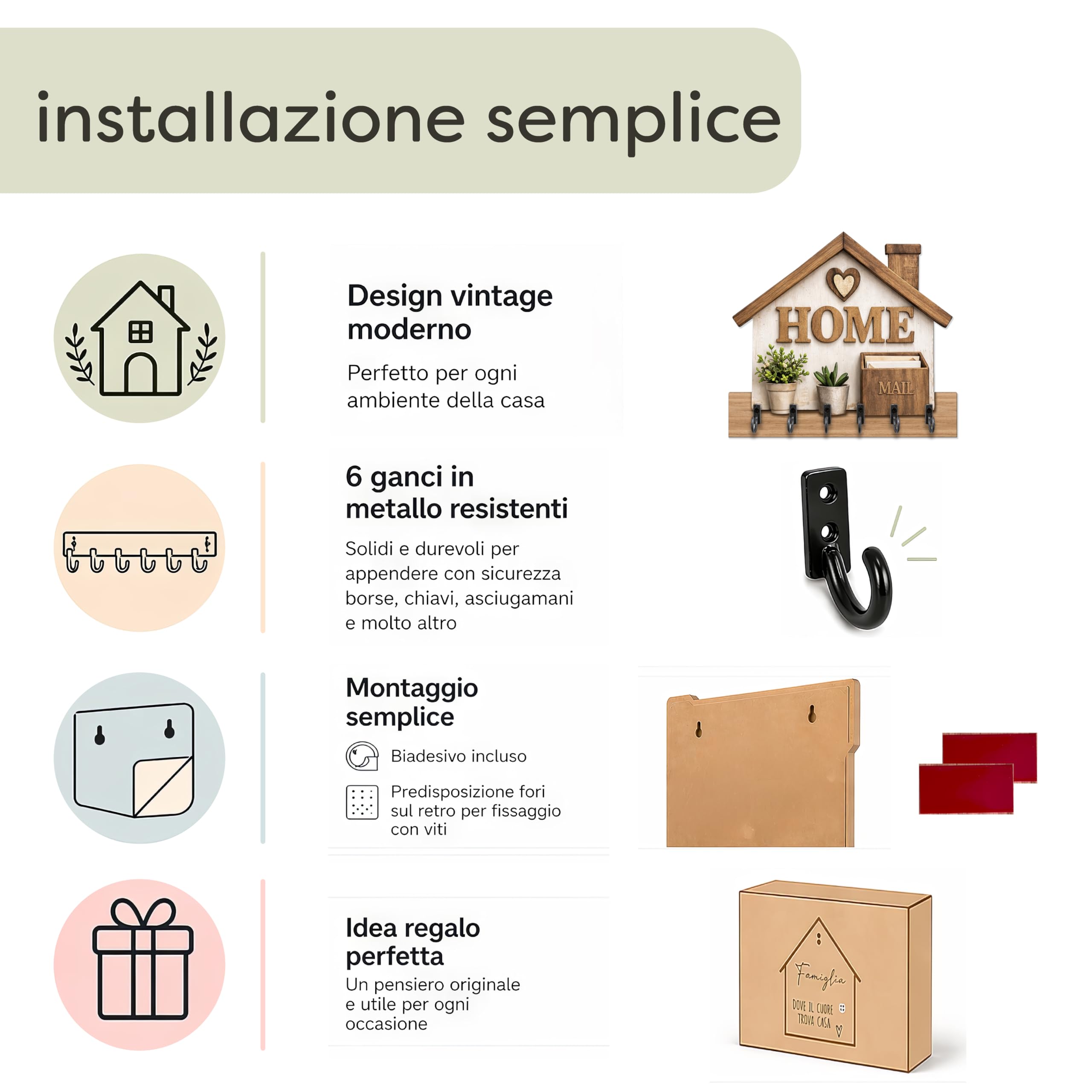 DEKORI Appendichiavi da Parete HOME in Legno – Portachiavi da Muro 6 Ganci Metallo – Decorazione Ingresso Casa Stile Country Moderno – Organizer Chiavi Parete – Made in Italy