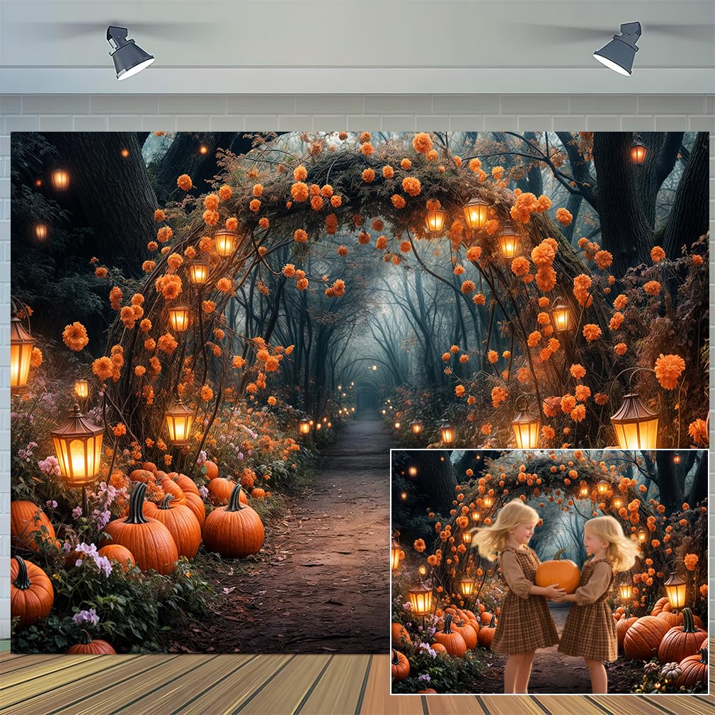7 x 5 ft Fall Photography Backdrop Autumn Forest Maple Leaves Pumpkins Thanksgiving Party Supplies Nature Scenery Path Landscape Outdoor Party Decor