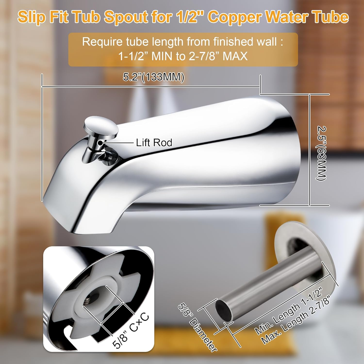 Dreyoo Slip On Diverter Tub Spout with Metal Cover Ring and Foam Gasket, Compatible with Kohler GP85556-CP, Bathroom Bathtub Faucet Set Replacement Fits 1/2'' Copper Water Tube (Polished Chrome)