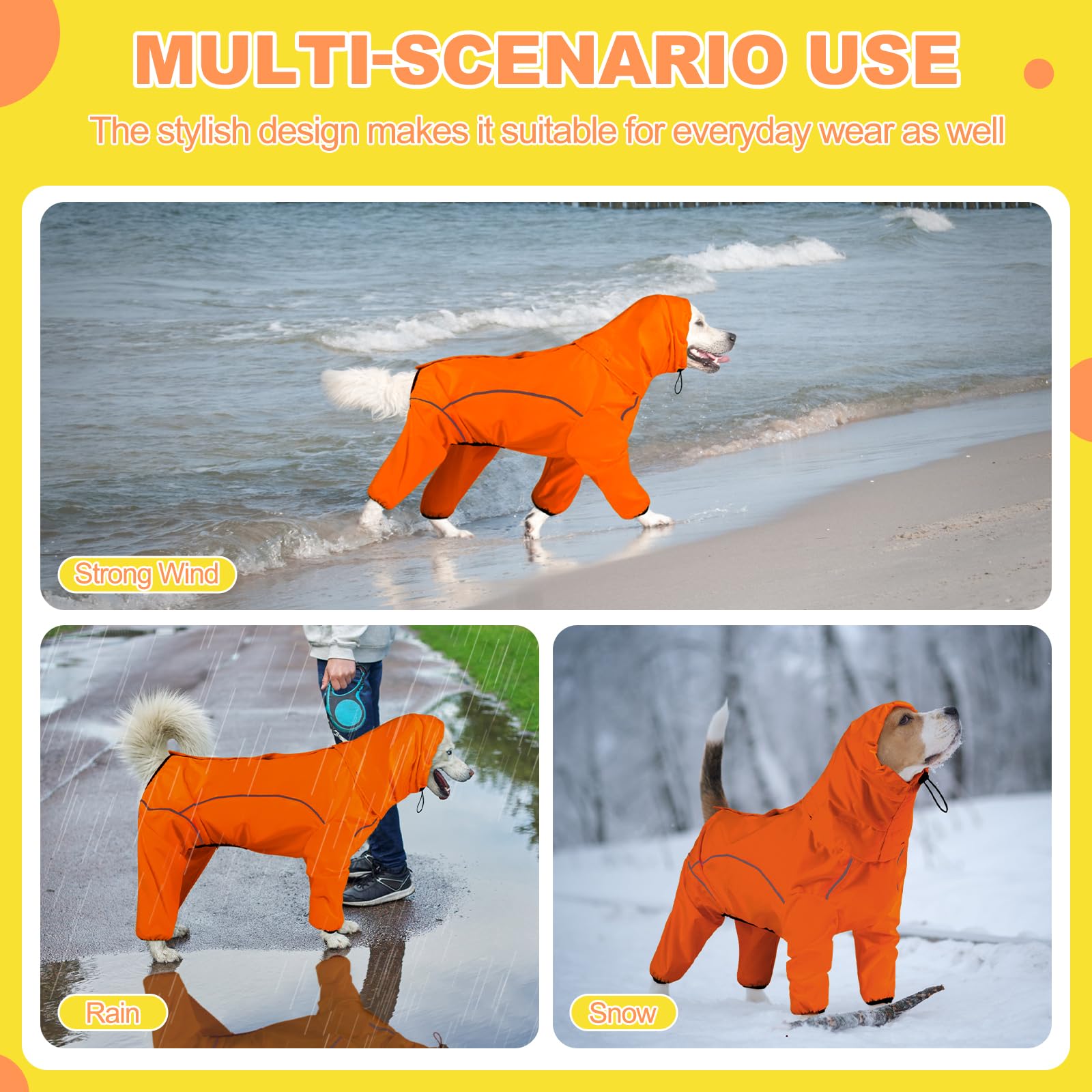Impermeable para Perro, Chaqueta Impermeable para Perro con Capucha extraíble, Poncho Ajustable de 4 Patas para Mascotas con Agujero para Correa, Rayas Reflectantes con Capucha, a Prueba de