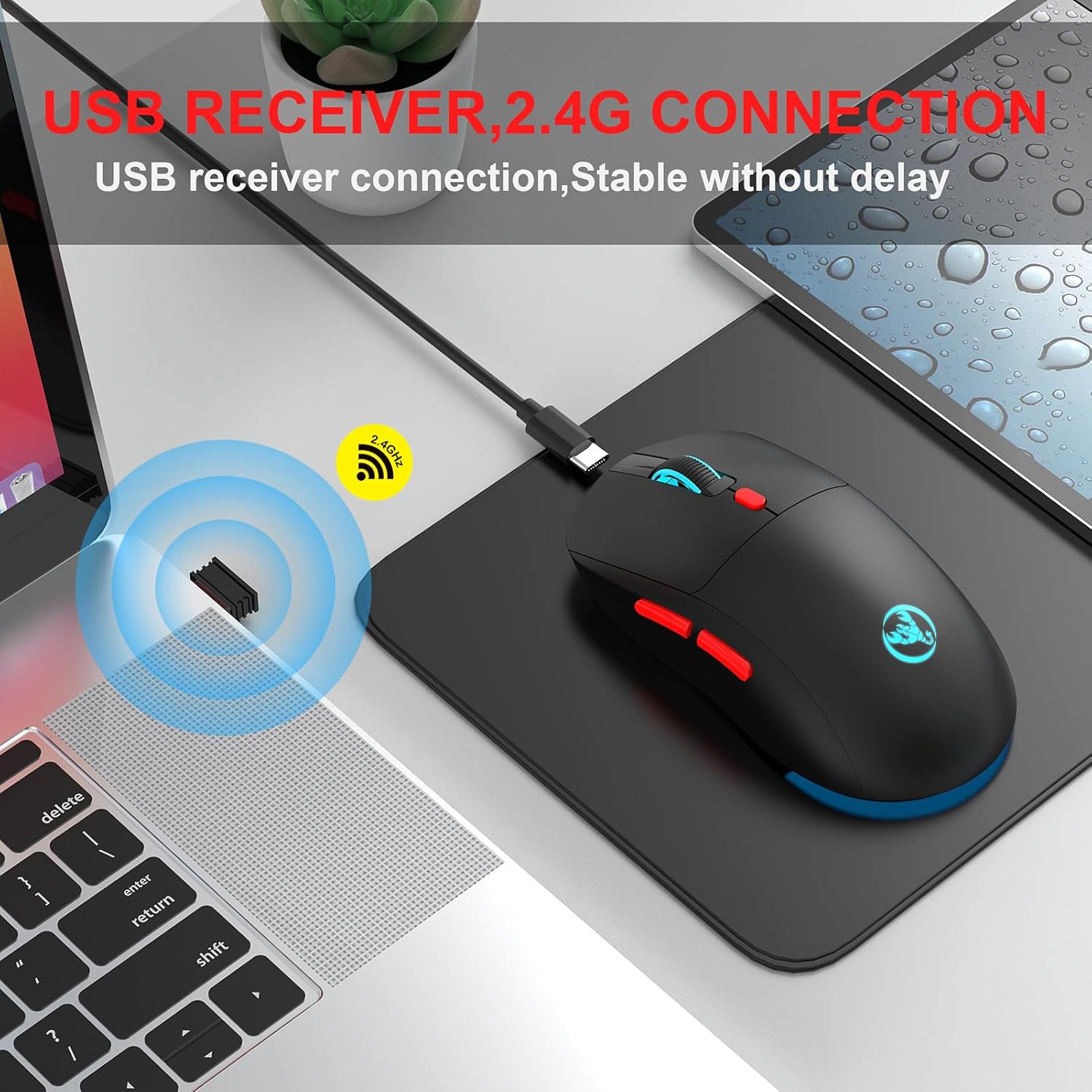 USB receiver being inserted into a laptop port for 2.4G wireless connection