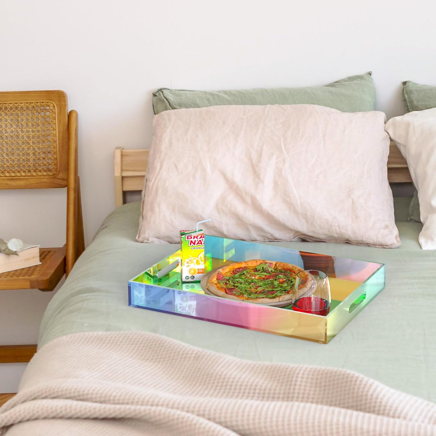 NiHome Iridescent Acrylic Serving Tray 16"x12" for Organizing, Decorative Vanity Tray Organizer with Handles & Silicone Pads,Large Ottoman Tray for Coffee Table,Bathroom,Living Room & Kitchen Tabletop