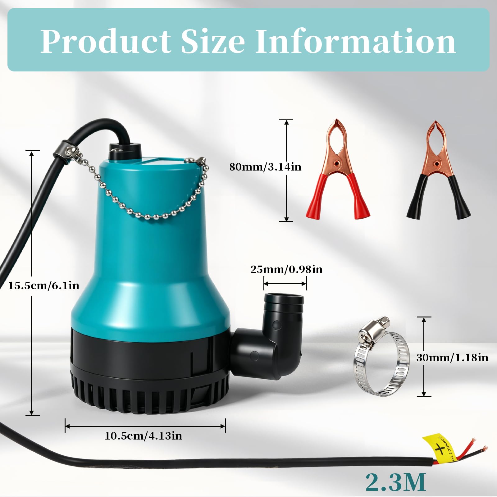 Pompe immergible 12V Pompe à eaux usées DC 50W 4200L/H – Pompe submersible compacte pour piscine, étang à poissons, bassin | Câble 2,3 m + Collier de serrage