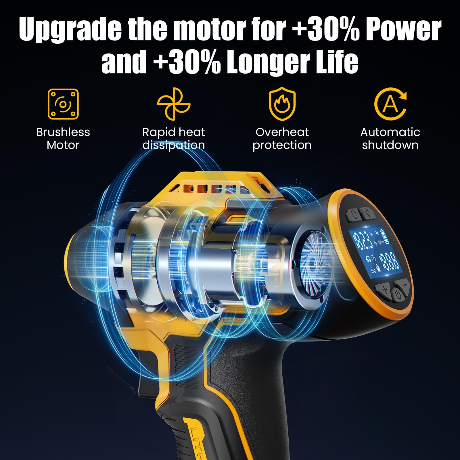 Akku Kompressor für De-Walt 18V Akku Autoreifen Luftpumpe | 160PSI/11bar Tragbare Luftkompressor mit LCD-Display, mit 12V Autostromkabel für Auto, Motorrad, Fahrrad, Ball(Ohne Akku)