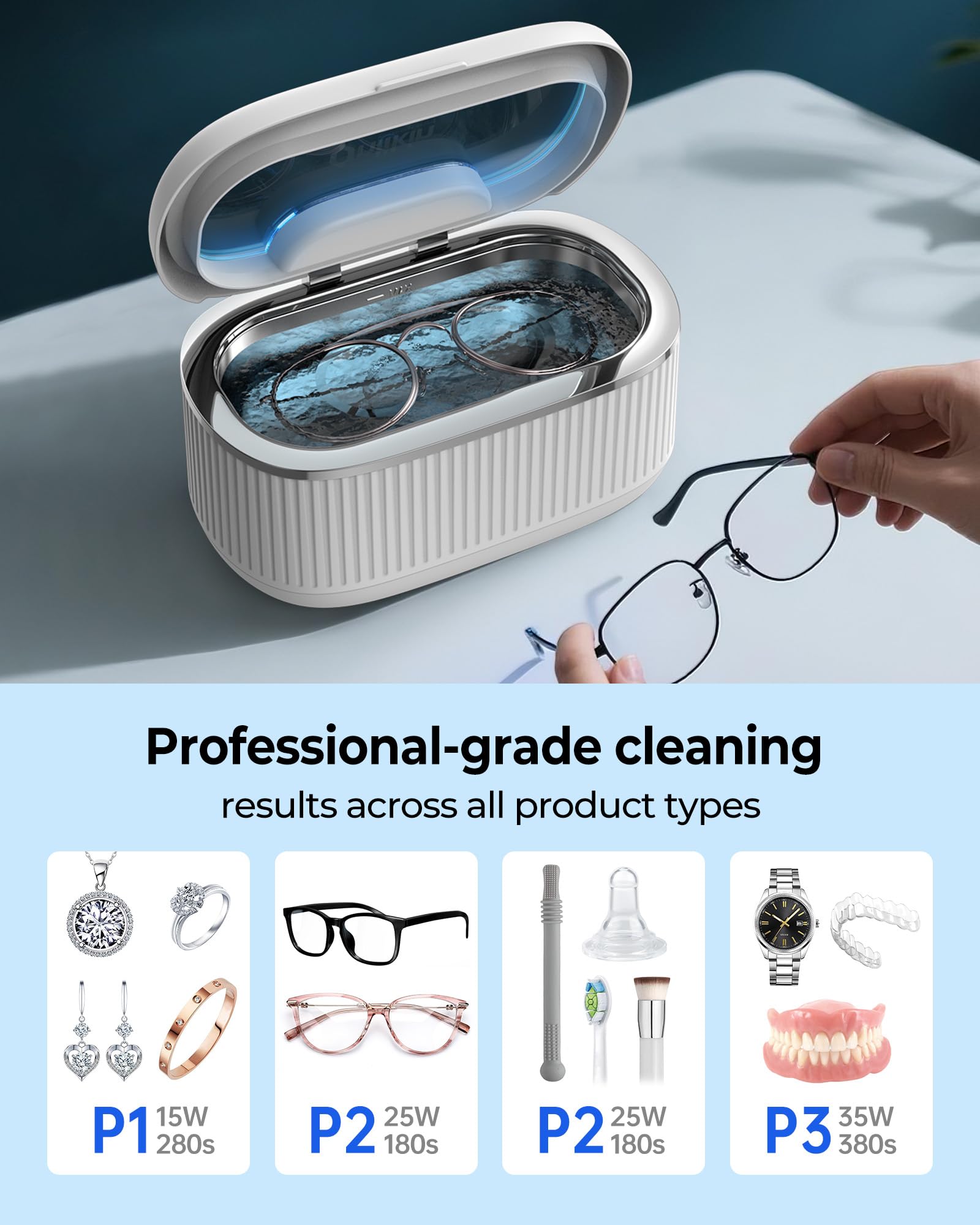 Limpiador ultrasónico de joyas, 35 W, 45 kHz, limpiador de retención, 5 temporizadores y 3 modos de potencia, gafas, anillos, correa de reloj, dentaduras postizas, 20 unidades