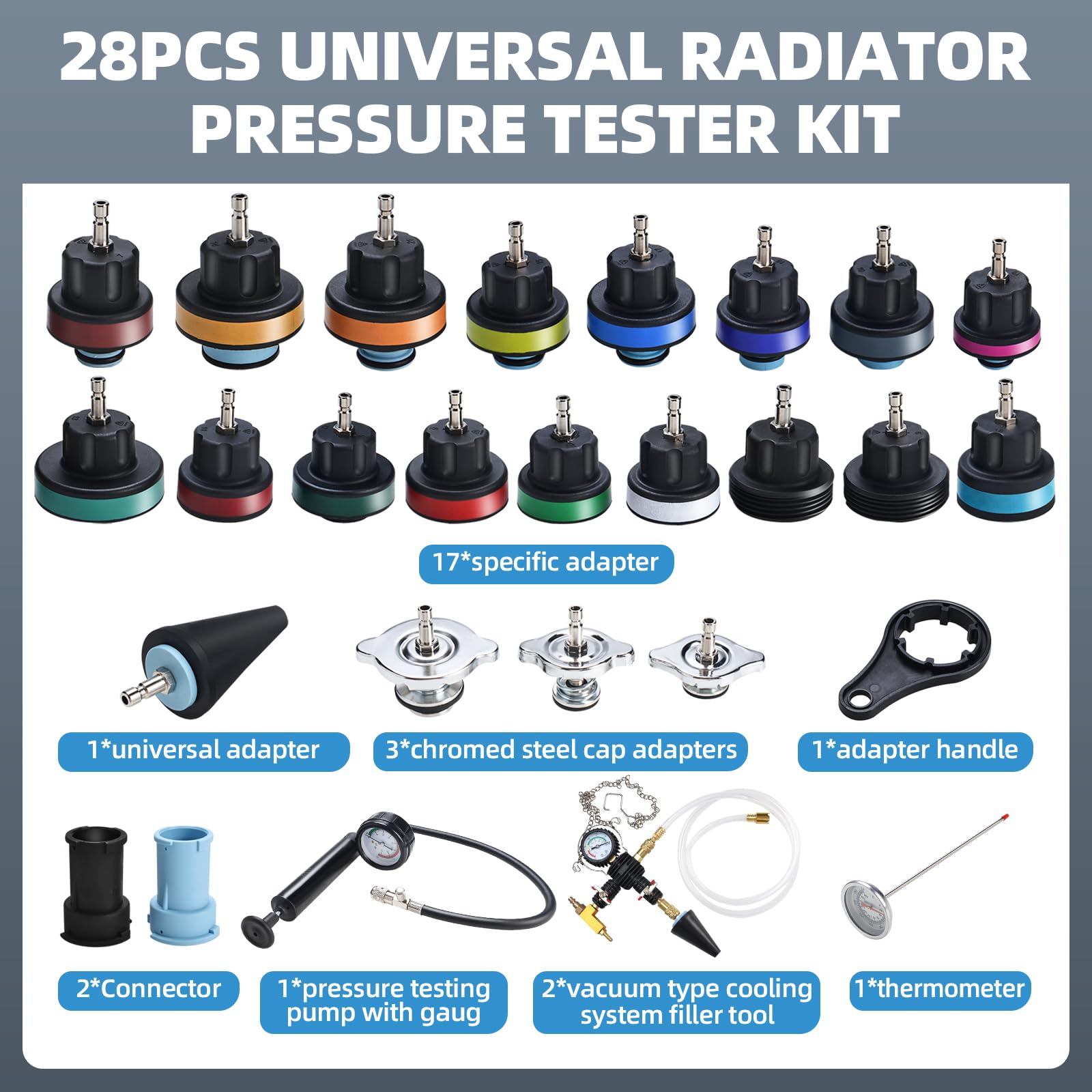 BOOMSTART Tester di pressione del radiatore universale 28Pcs Kit per sistema di raffreddamento sottovuoto per auto Audi VW BMW
