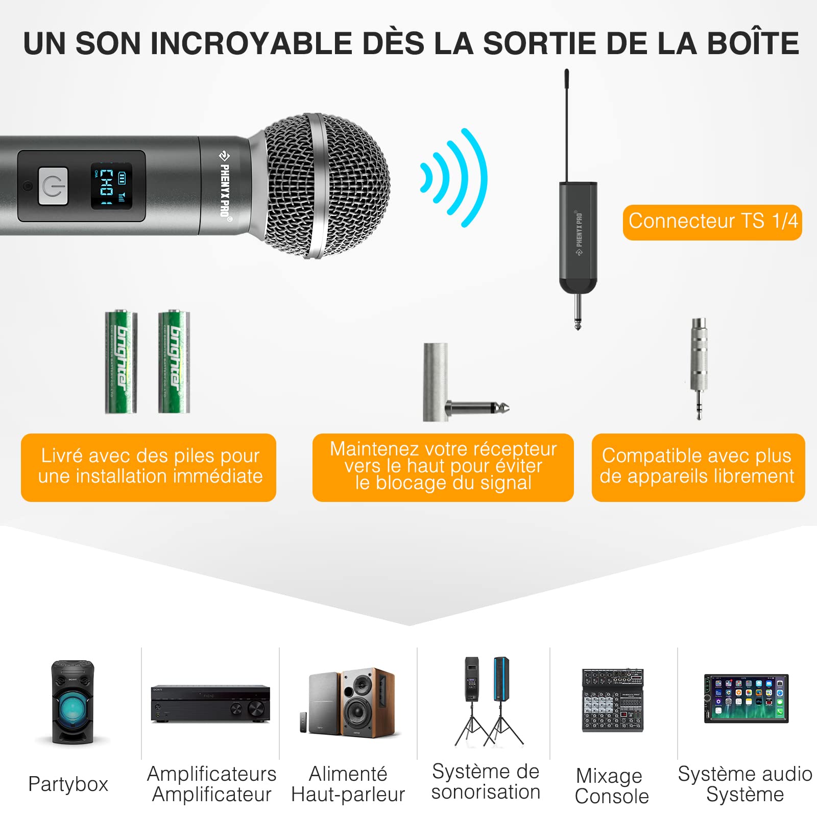 Phenyx Pro Système de Micro sans Fil numérique Simple,avec 1 Microphone Dynamique à Main,Mini récepteur,5 fréquences UHF,Microphone sans Fil en métal pour Chanteur,karaoké, Mariage(PDP-1)