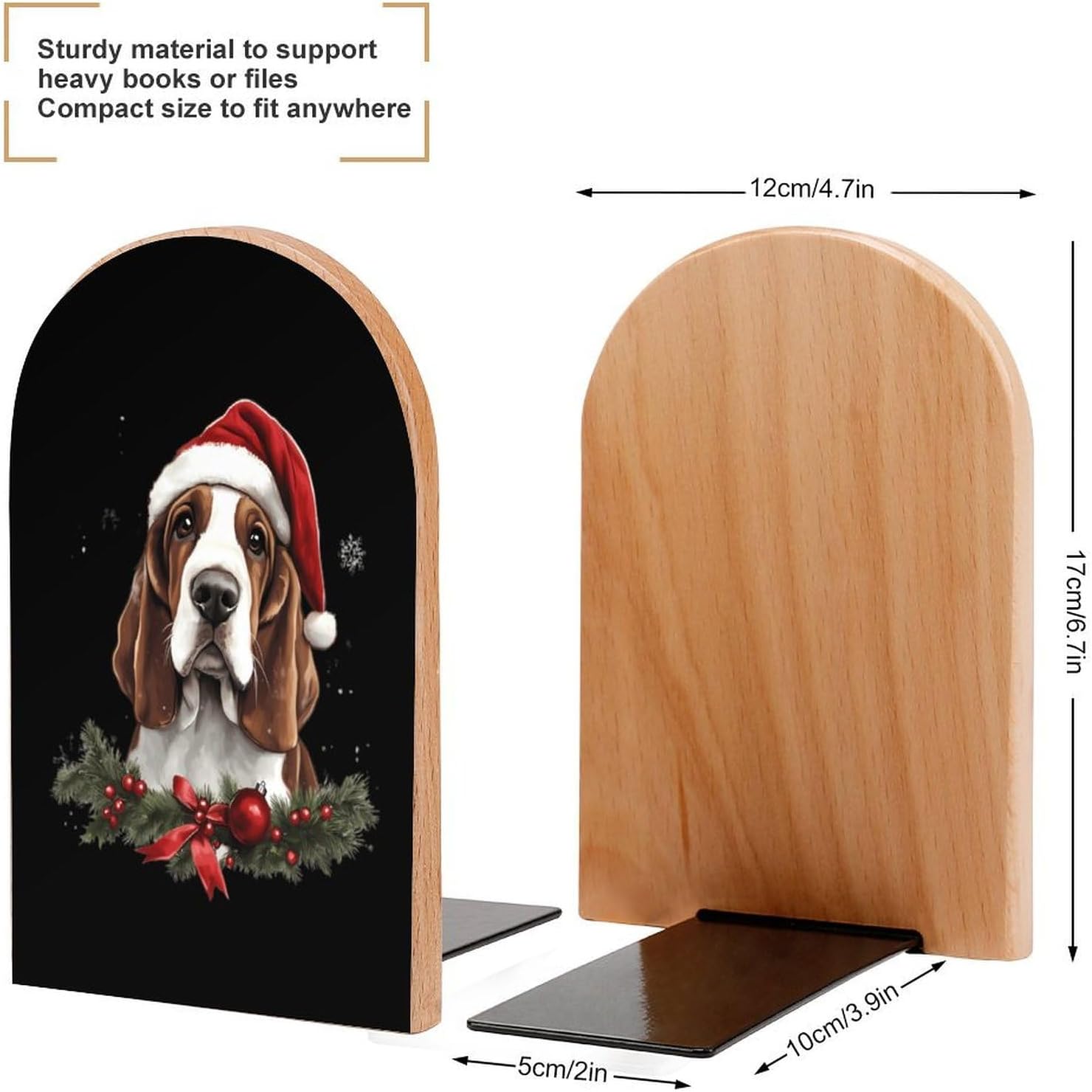 Basset Hound Christmas Cute Wood Book Ends Decorative Bookends 1 Pair Non-Skid for Shelves Home Office 7 X 5 Inch