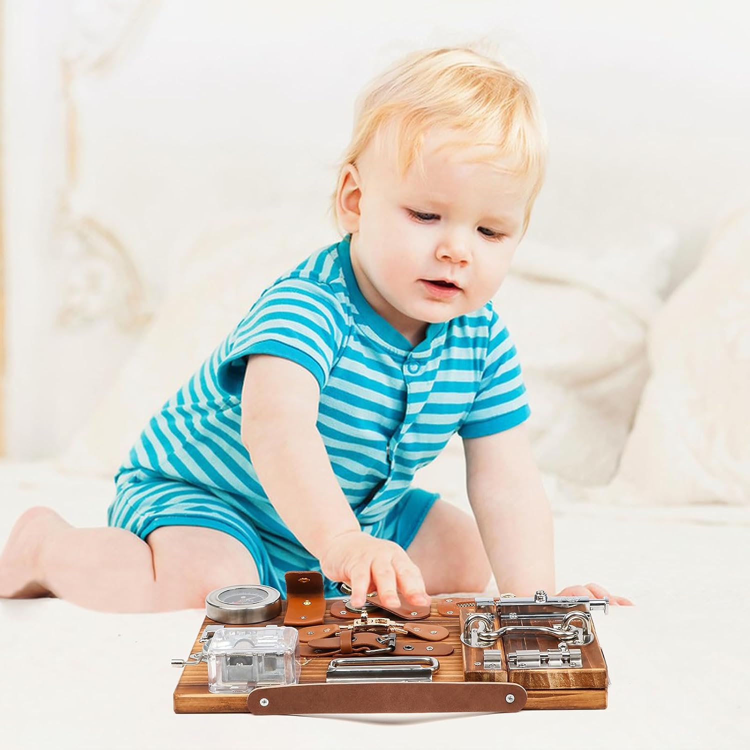 Busy Board for Toddlers, Travel Toy Fidget Board Activity Board for Fine Motor Skills, Wooden Busy Board Toys for 3 Years Old Boys & Girls with Switch, Locks, Music Box... - Image 8