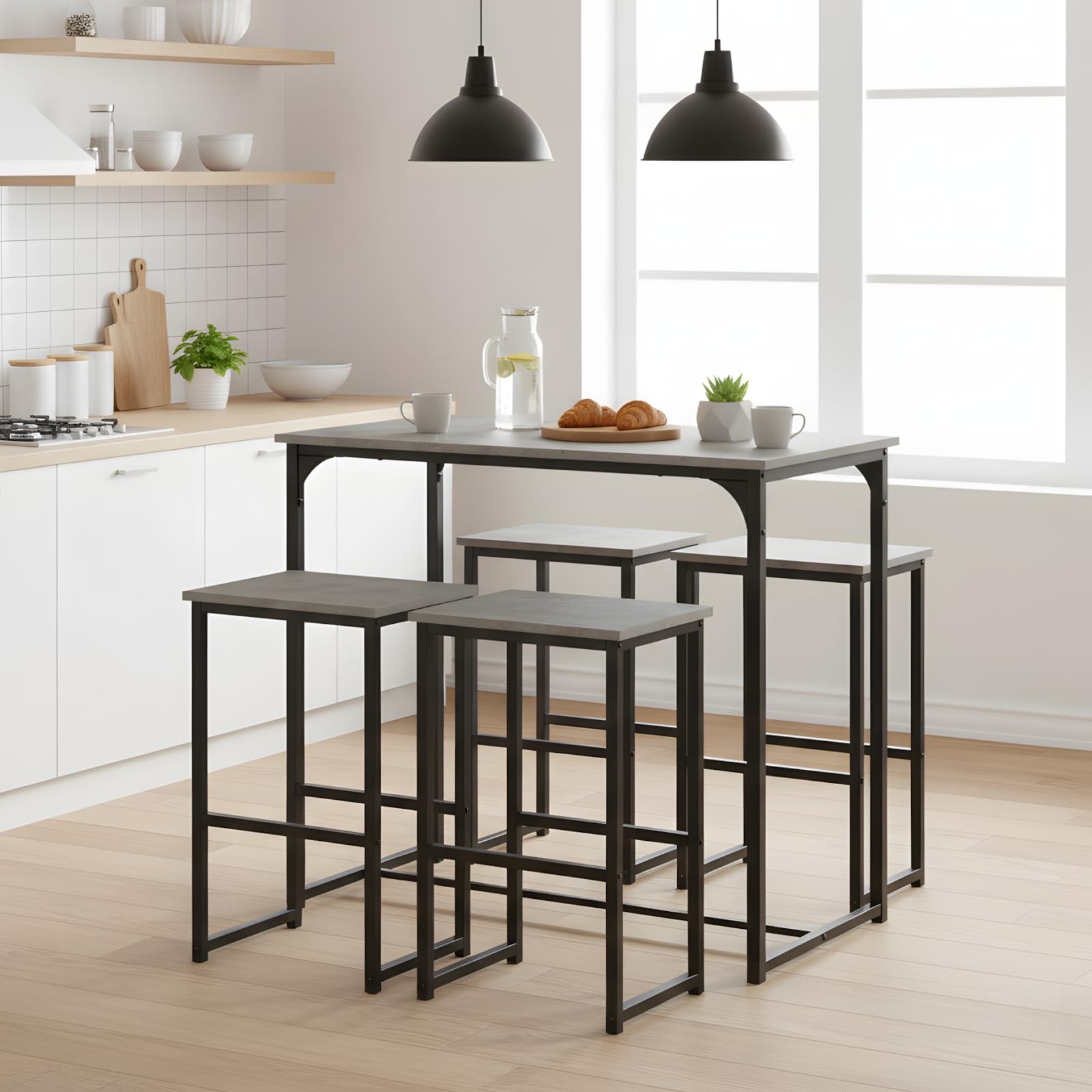 Ensemble Table a Manger avec 4 Chaises, Table Haute Cuisine Mange-Debout avec 4 Tabourets, pour Petit Espace Cuisine Salle à Manger Salon Bar ou Balcon (Gris Vieilli et Noir)