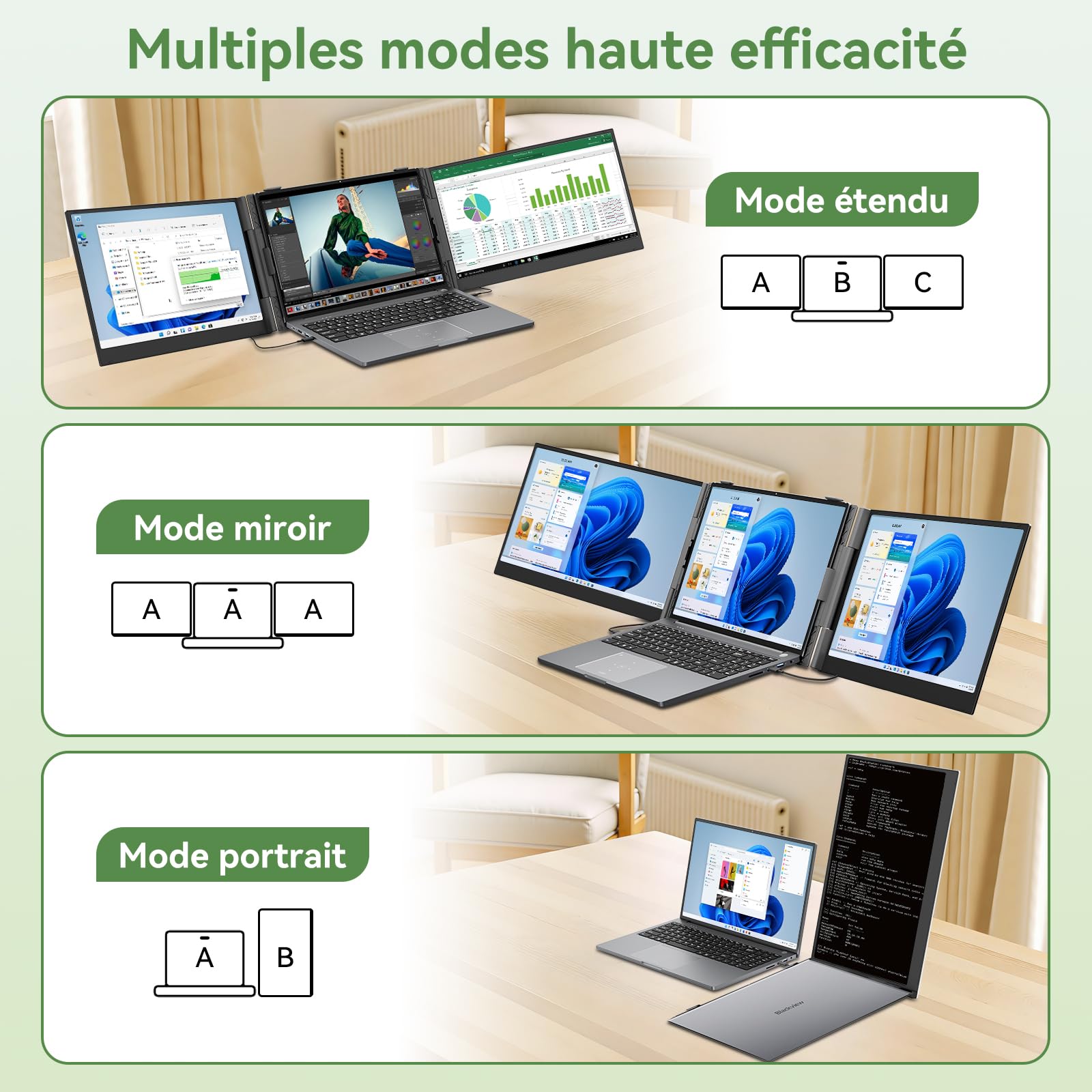 Blackview DCM8 15,6" Ecran PC Portable, 16:10 100% sRGB, 1200P FHD IPS, TÜV, Double Ecran PC Portable avec 13"–17,3", Plug & Play, Compatible Mac, Windows, Chrome (1kg)