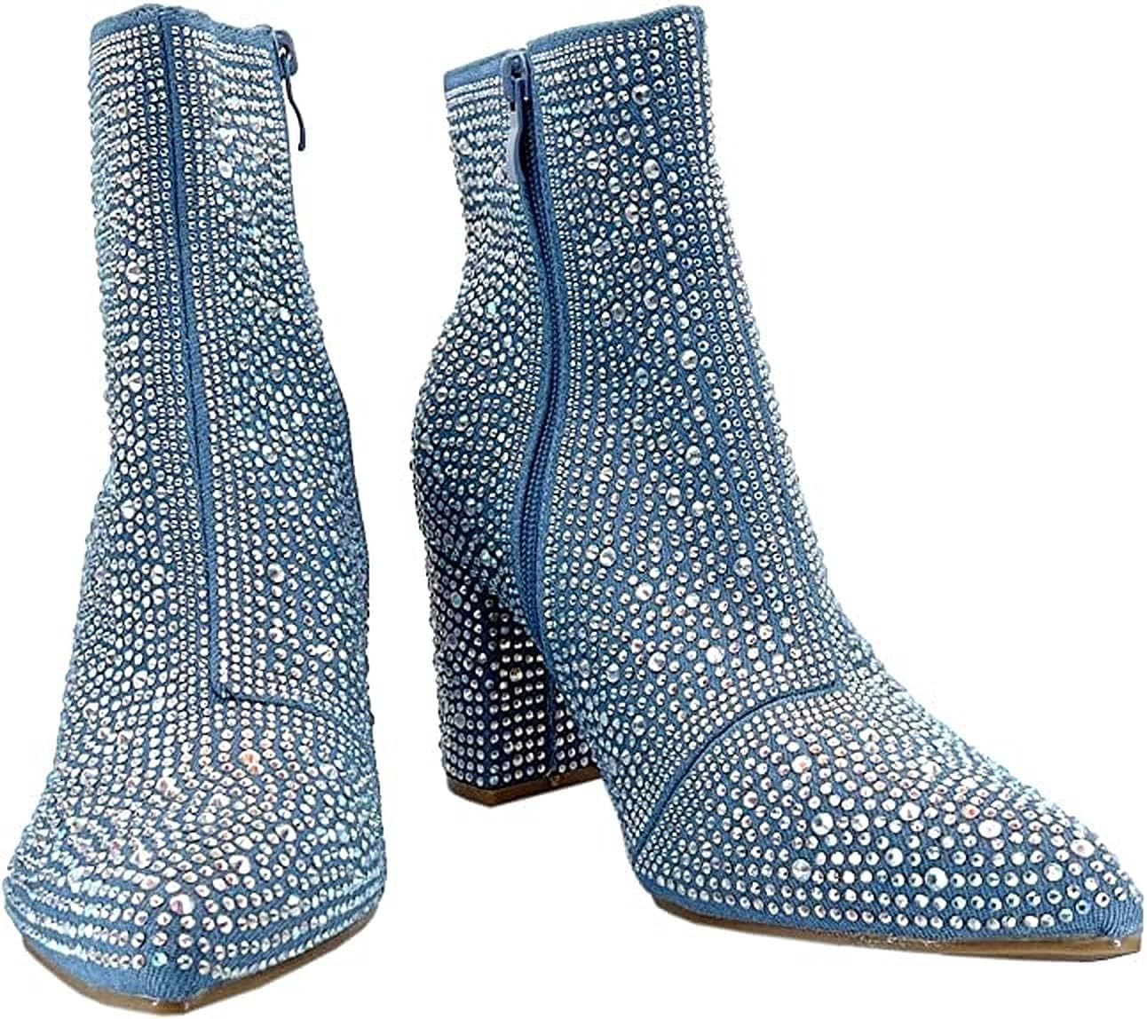 Women Rhinestone Block Chunky Heel Ankle Bootie Iceberg 12 By Forever shoes Blue Denim Size 7 - Image 4