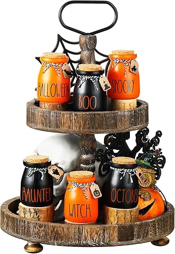 Miniatura 7 de Juego de 6 mini tarros de albañil de Halloween para decoración de bandeja escalonada de Halloween, murciélagos fantasmas, calabaza, pequeños frascos