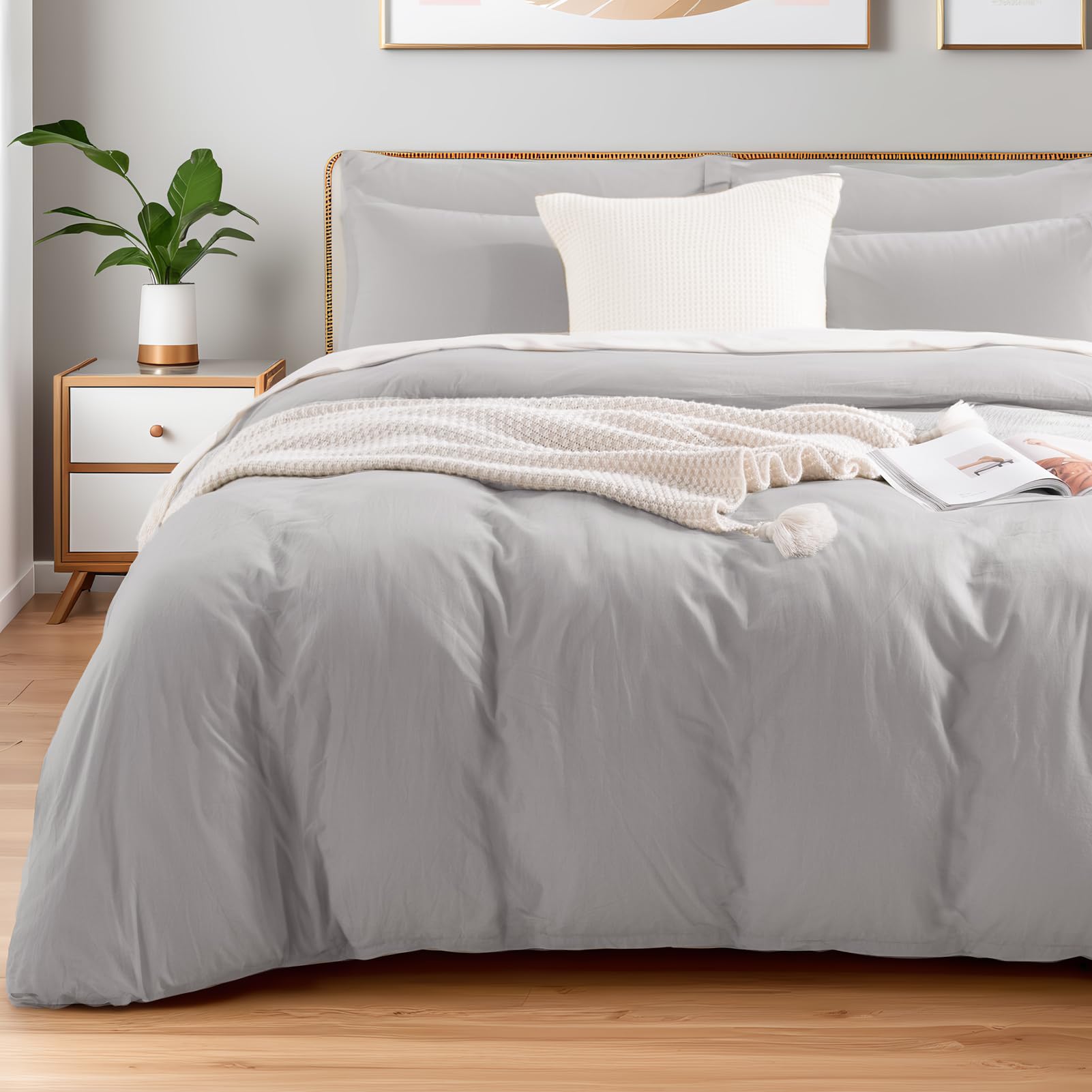 NEXHOME PRO Duvet Cover Set 100% Washed Cotton Full Size Linen Feel Textured Organic Natural 3 Pieces Bedding Set with Zipper Closure and Corner Ties, Breathable and Soft (Light Grey, No Comforter)