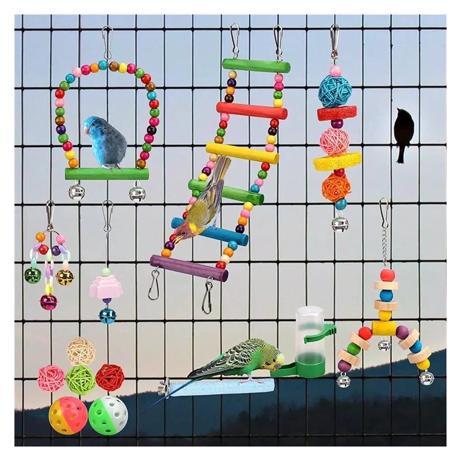 Vogelspielzeug 14 stücke Vogel Spielzeug Set Swing Chew Training Spielzeug Kleiner Papagei Hängematte Hängematte Papagei Käfig Glocke Hocker Leiter Pet Fütterung Spielzeug