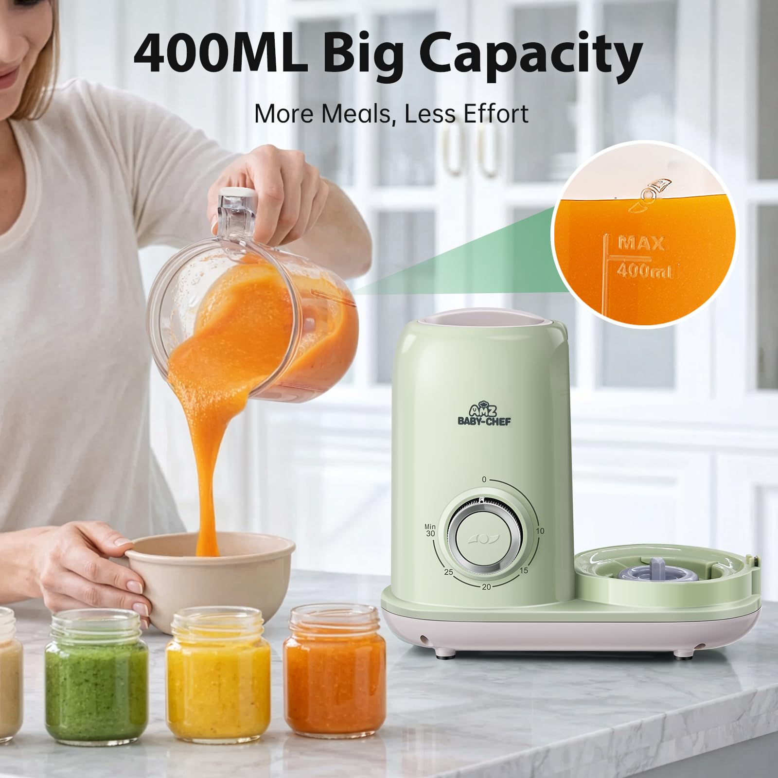 AMZBABYCHEF Máquina de alimentos para bebés, procesador de alimentos para bebés 4 en 1 y vaporizador, licuadora de puré, máquina multifuncional para puré de bebé, apta para lavavajillas (verde)