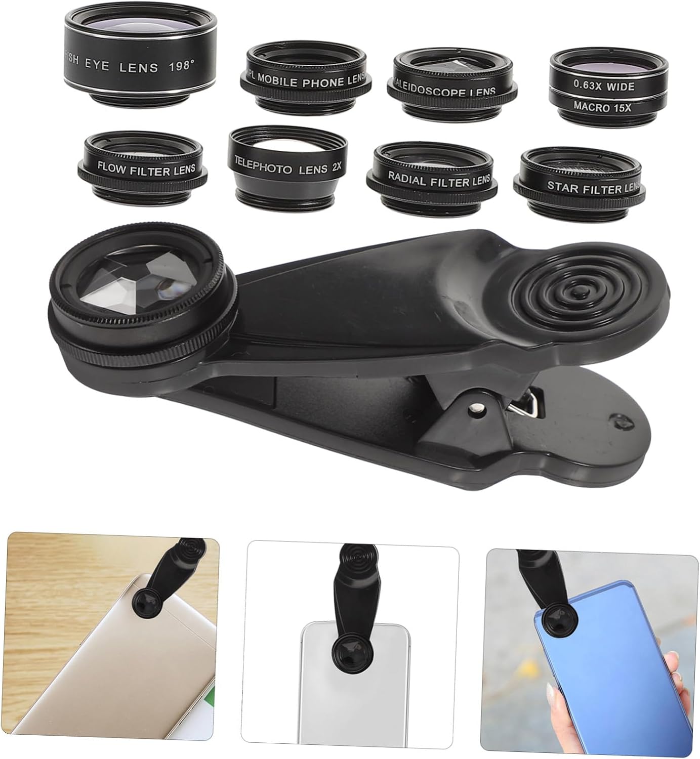 NUOBESTY 1Set Mobile Phone Camera Lens Kit Wide Angle Fisheye Macro and Telephoto Lenses for Smartphones Easy to Install for Photography Enthusiasts Black
