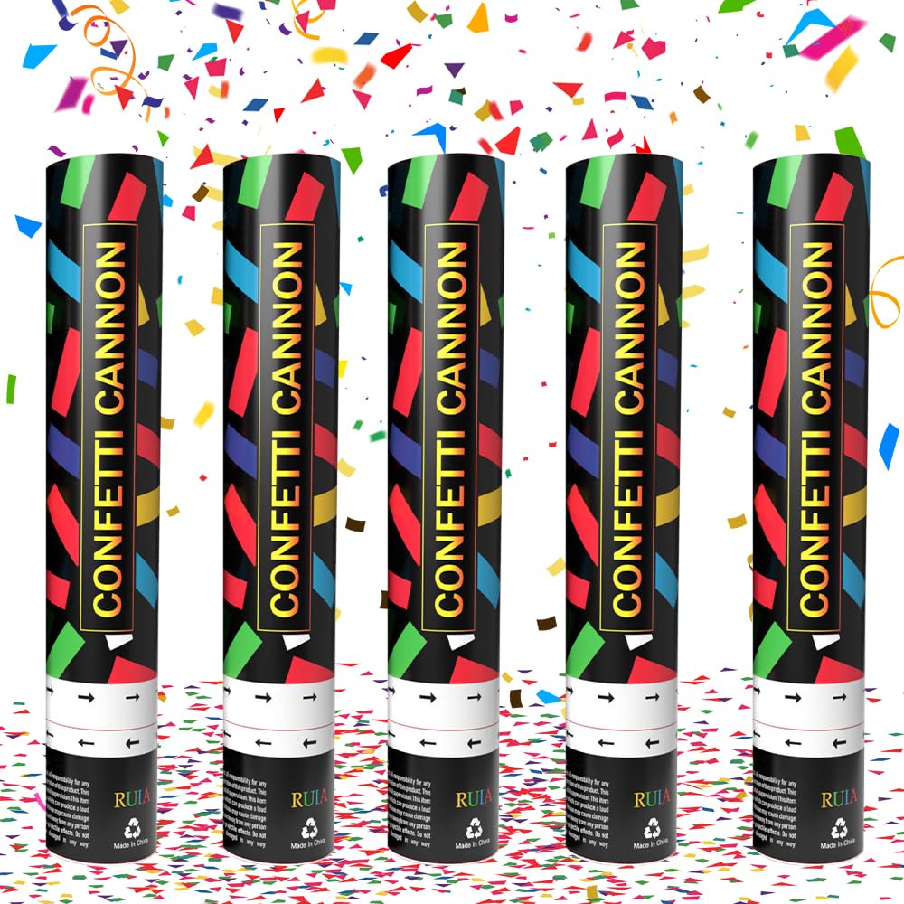 Biodegradable Confetti Cannons Large, Set of 5 Party Poppers Multi-Coloured Confetti, for Weddings, Parties, Baby Showers, Christmas, Birthday Parties - 30cm