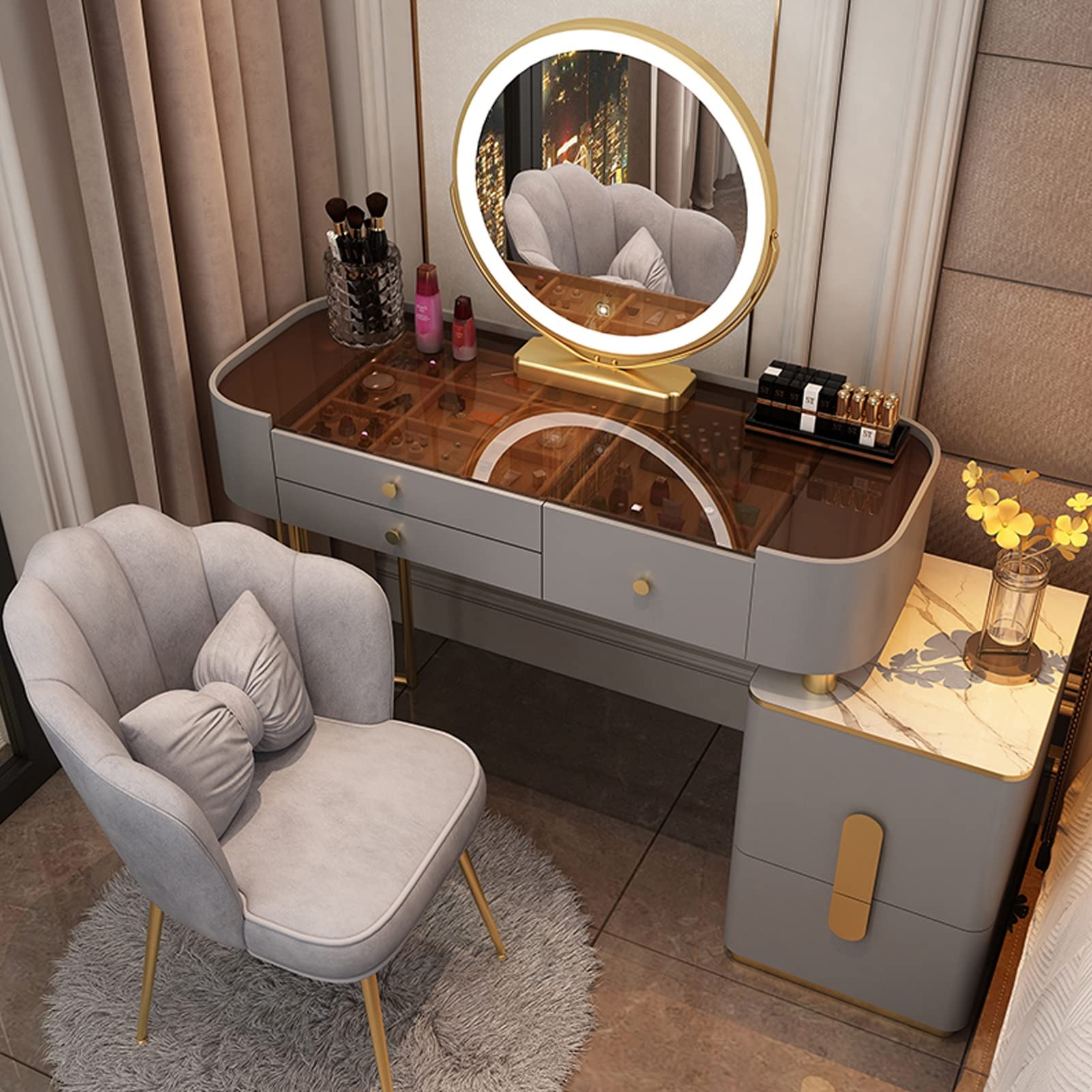 CGCSYZ Makeup Vanity Table Set with Cushioned Stool, Dressing table with Mirror and Lights, Vanity Desk Storage Cabinet for Bedroom, bedroom furniture for girls(Grey B-100cm/39.3in)