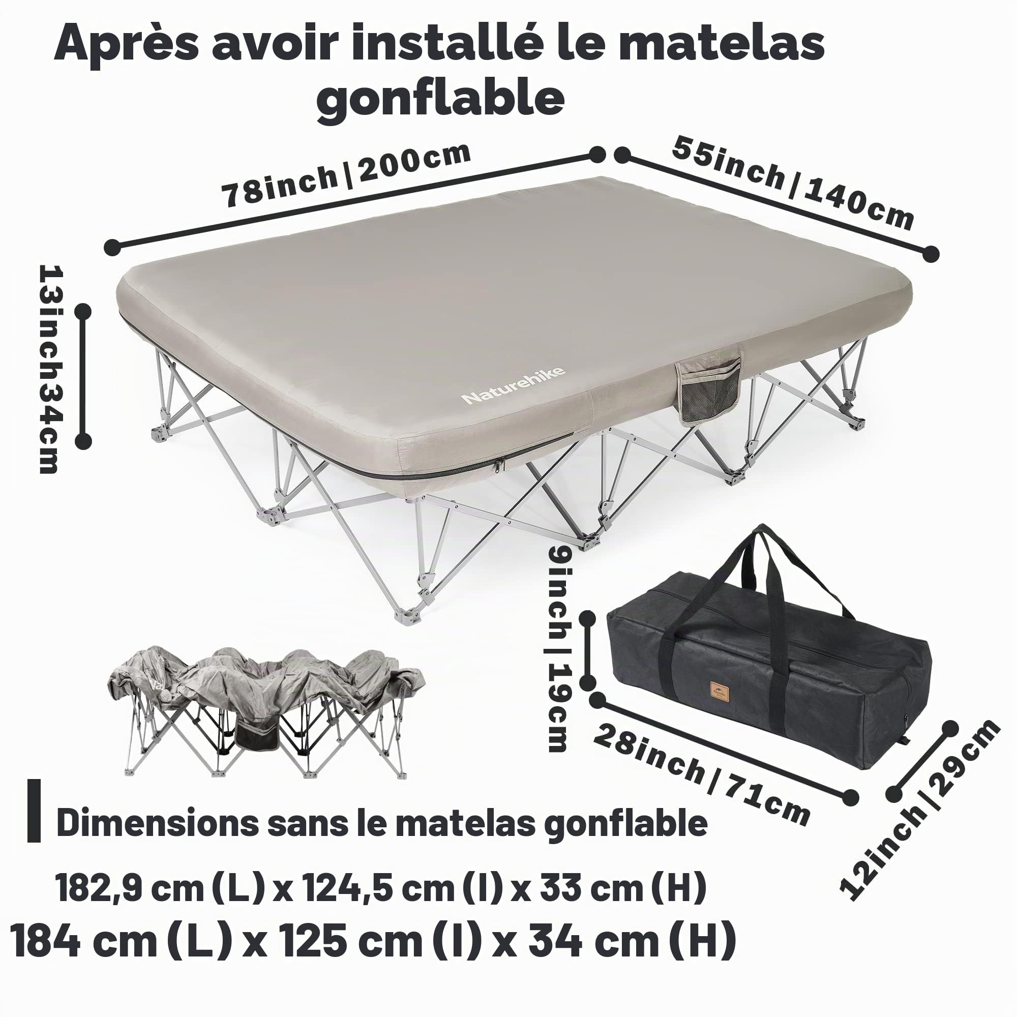 Naturehike Lit de camp pliable pour 2 personnes, cadre de lit de camping pliable pleine taille avec poche latérale et sac de transport, matelas gonflable uniquement non inclus dans la livraison