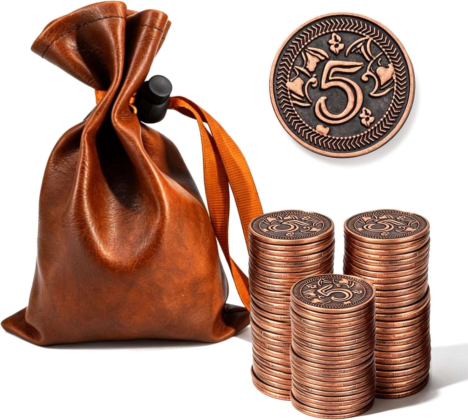 Metal Coins with Leather Pouch - Game Tokens, Pirate Treasure Iron/Copper/Silver/Gold Multifaceted for Poker, RPG, Strategy Board Games, Fantasy Metal Coins, (5 50 Pks)