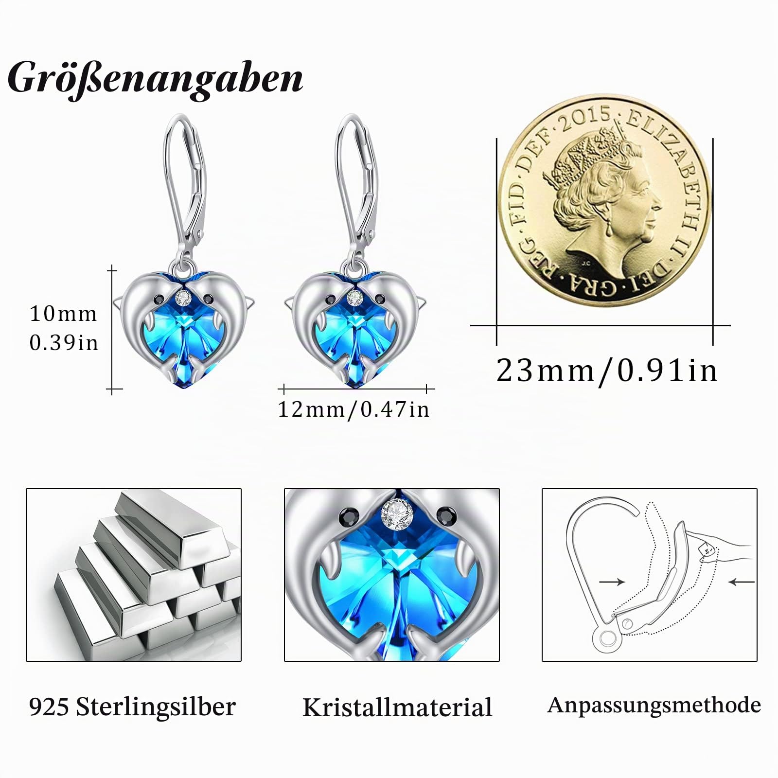 REDSUN Delfin Ohrringe Silber 925 Mädchen Dolphin Kristall Mondstein Hängend Ohrringe Herz Hängend Damen Delfin Schmuck Geschenk für Mädchen Mama Tochter Ehefrau Geschenk