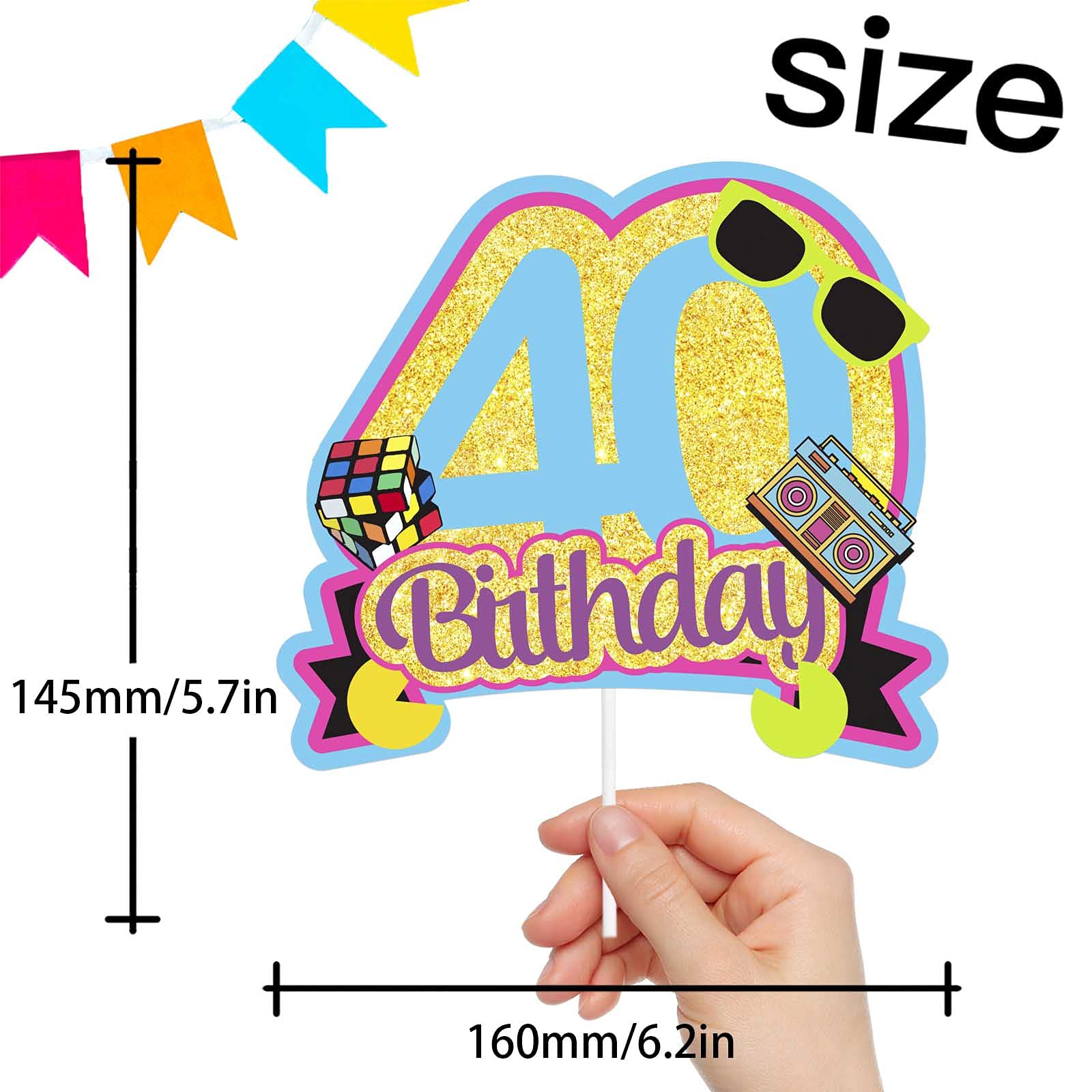 Blue Glitter 'Happy Birthday 40' Cake Topper - Retro Radio Theme Party Decor - View #11