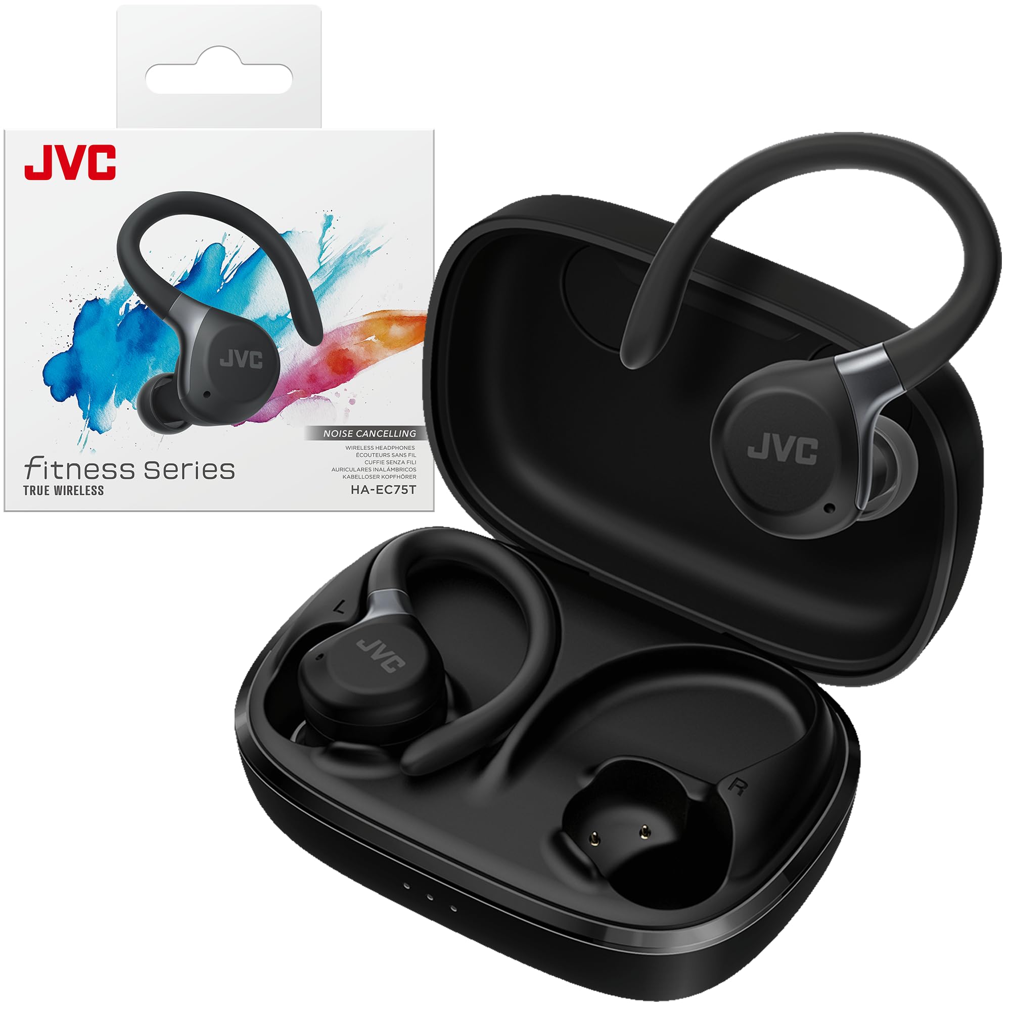 JVC Auriculares Inalámbricos Deportivos HA-EC75T, Ganchos Ajustables, 40h Batería, Cancelación de Ruido + Modo Ambiente, Resistencia IP57, Baja Latencia, Micrófono – Negro | Conciencia del entorno, gancho flexible seguro, sonido claro AAC, control táctil,