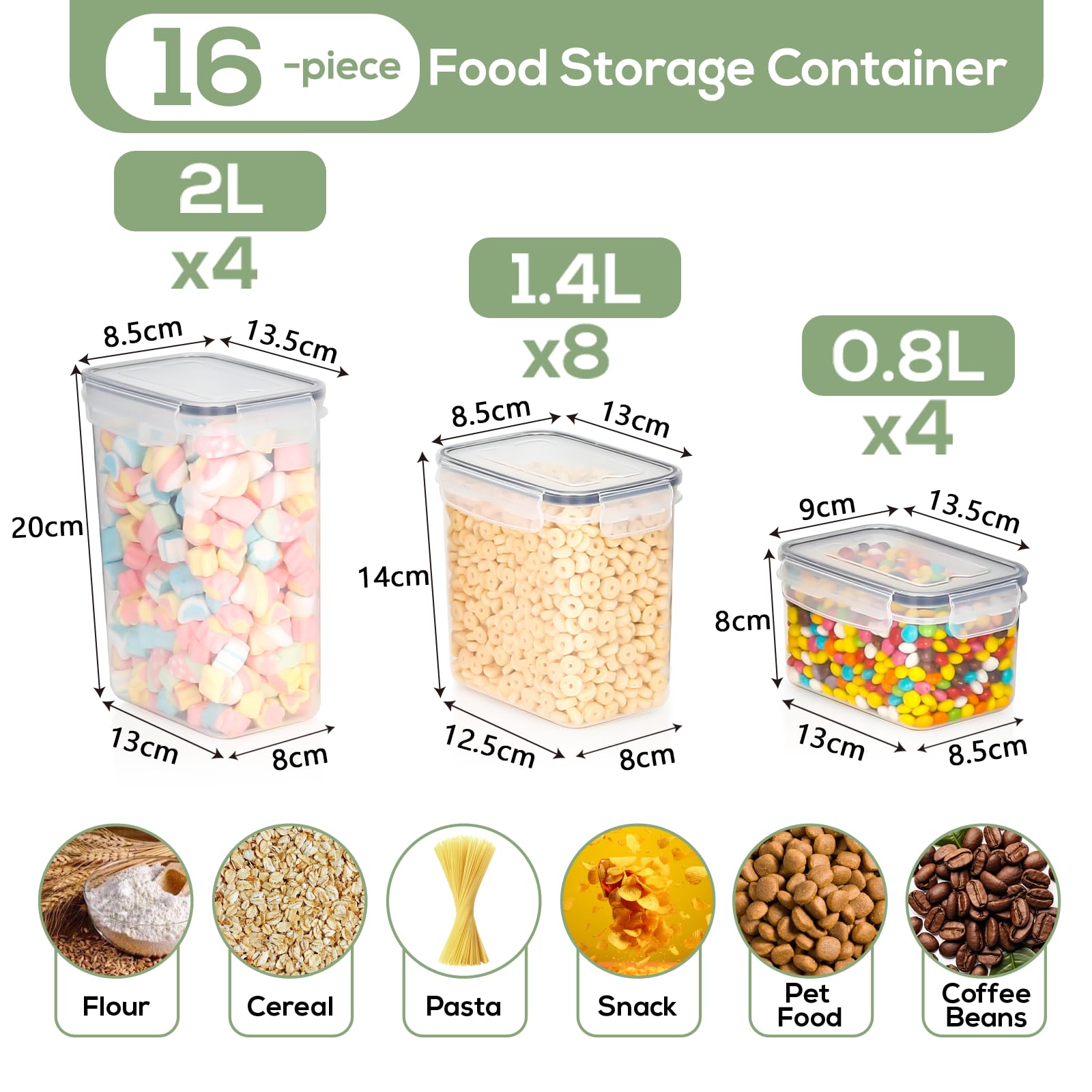 Recipientes Herméticos para Alimentos con Tapa – Juego de 16 Botes de Plástico Sin BPA para Conservación de Cereales, Harina y Comida – Organizador Cocina para Despensa y Cajones