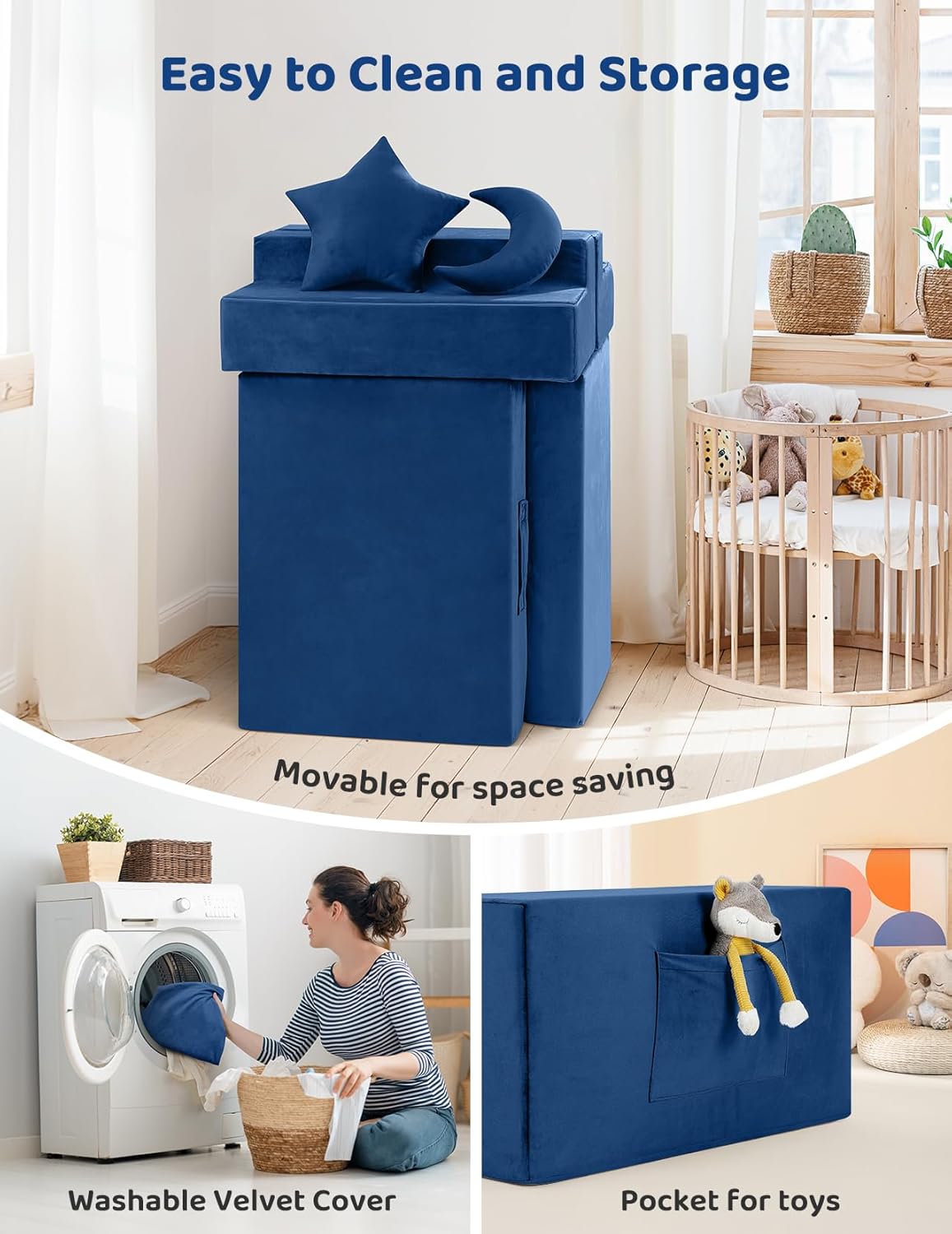 Kidirect Modular Kids Play Couch, K12 PRO 400+DIY Creative Foam Couch for Playroom, Upgraded Convertible Rocking Horse Kids Sofa Building Fort with Star Moon for Toddlers (Blue)