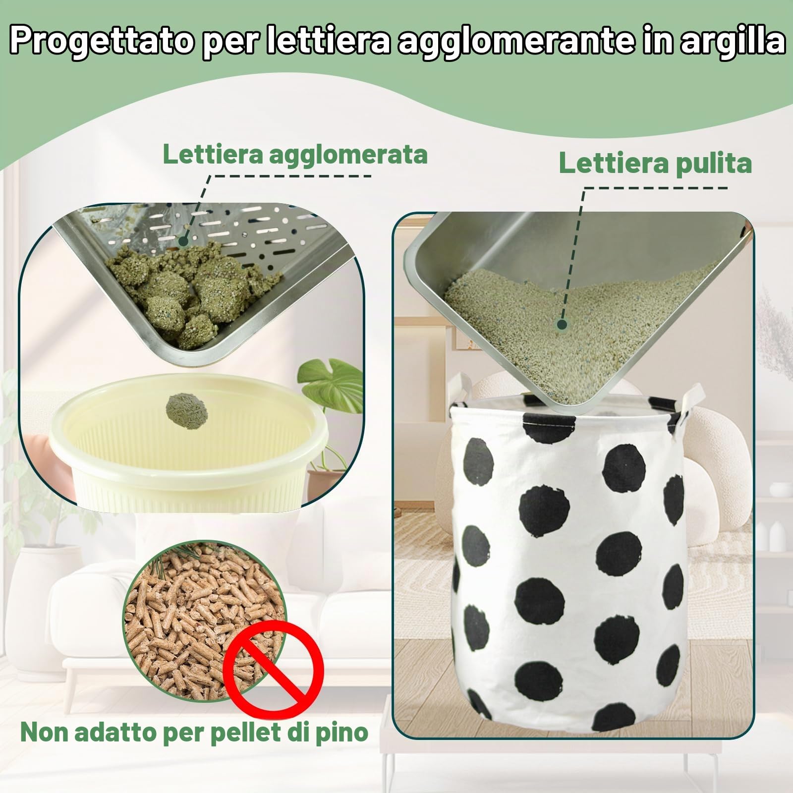 Lettiera setacciata in acciaio inossidabile per lettiera di argilla agglomerante, grande lettiera in metallo con manici, facile da pulire, 45 cm di lunghezza x 35 cm di larghezza x 15 cm di