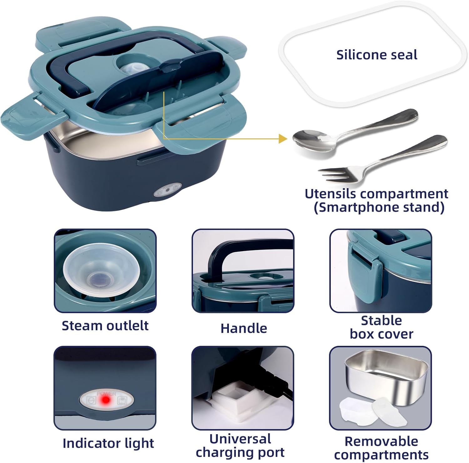 Electric Lunch Box, 12V/24V/110V Portable Food Warmer with SS Fork & Spoon for Car/Truck/Office, 80W Self Heating Lunch Box with 1.5L 304 Stainless Steel Container & 0.45L PP Fruit Box Blue - Image 6