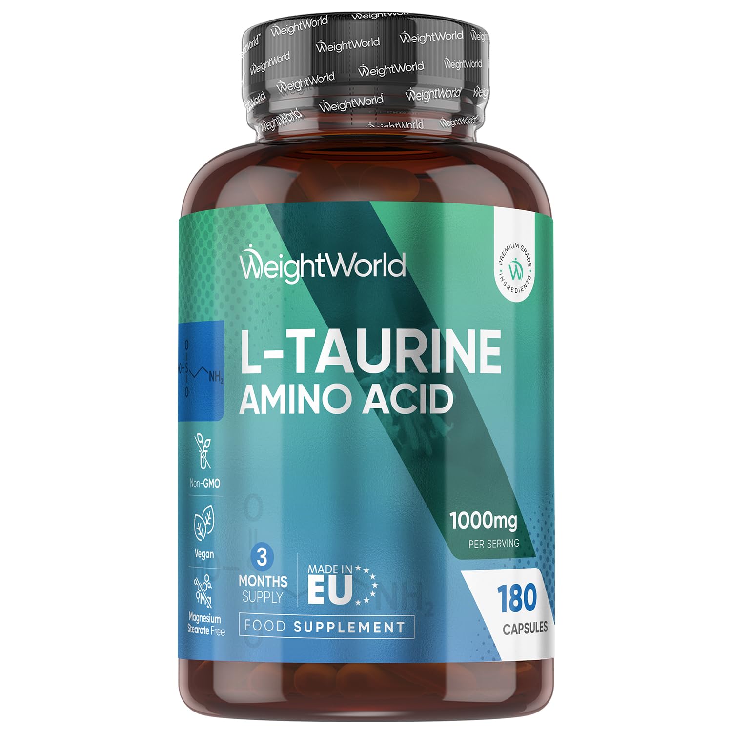 L-Taurine 1000mg Capsules - 180 Capsules - 3 Months Supply - Amino Acid Taurine Supplement - Easy to Take - Vegan-Friendly, Non-GMO & Magnesium Stearate-Free - for Men & Women - Made in EU