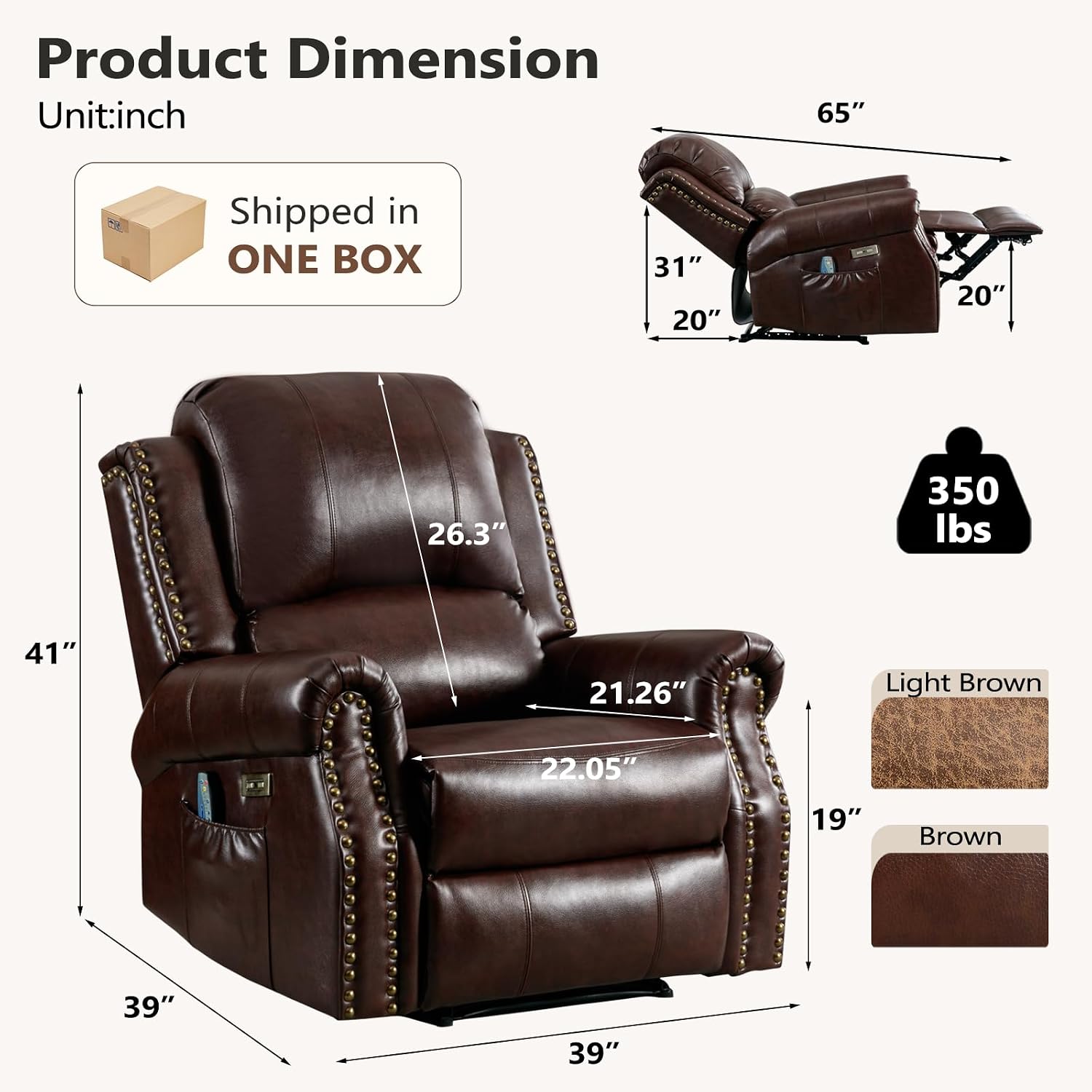 HAOMARKETS Classic Electric Recliners with Massage & Heat, Faux Leather Power Recliner Chair with USB Port, Single Overstuffed Heavy Duty Reclining Sofa with Rivets for Living Room, Dark Brown
