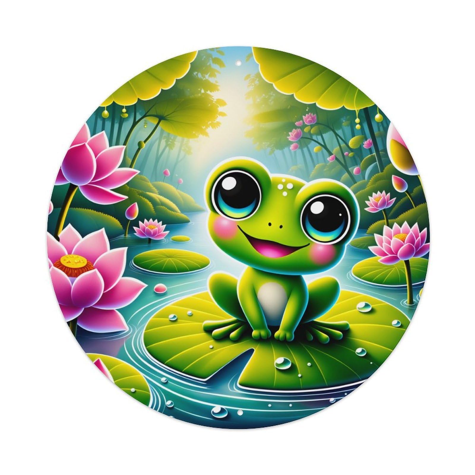 Frog Lily Pad Pond Flowers Sunlight Round Tin Sign Vintage Style Metal Sign Home Bar Garden Wall Plaque Decor Metal Poster 8x8 Inch
