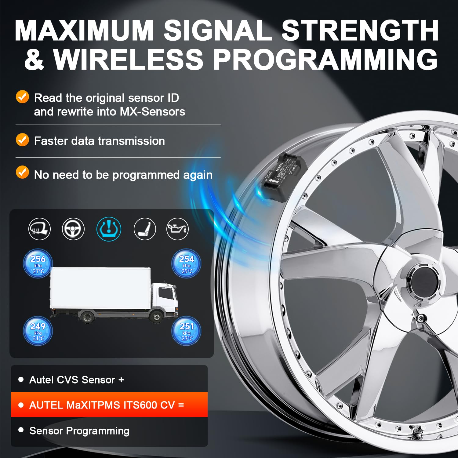The Autel MX-Sensor CVS-A01 Metal Band Rims Sized 14 to 24.5-inches 433MHZ Work with MaxiTPMS ITS600 CV Programmable Universal TPMS Sensor Designed for Commercial Vehicles