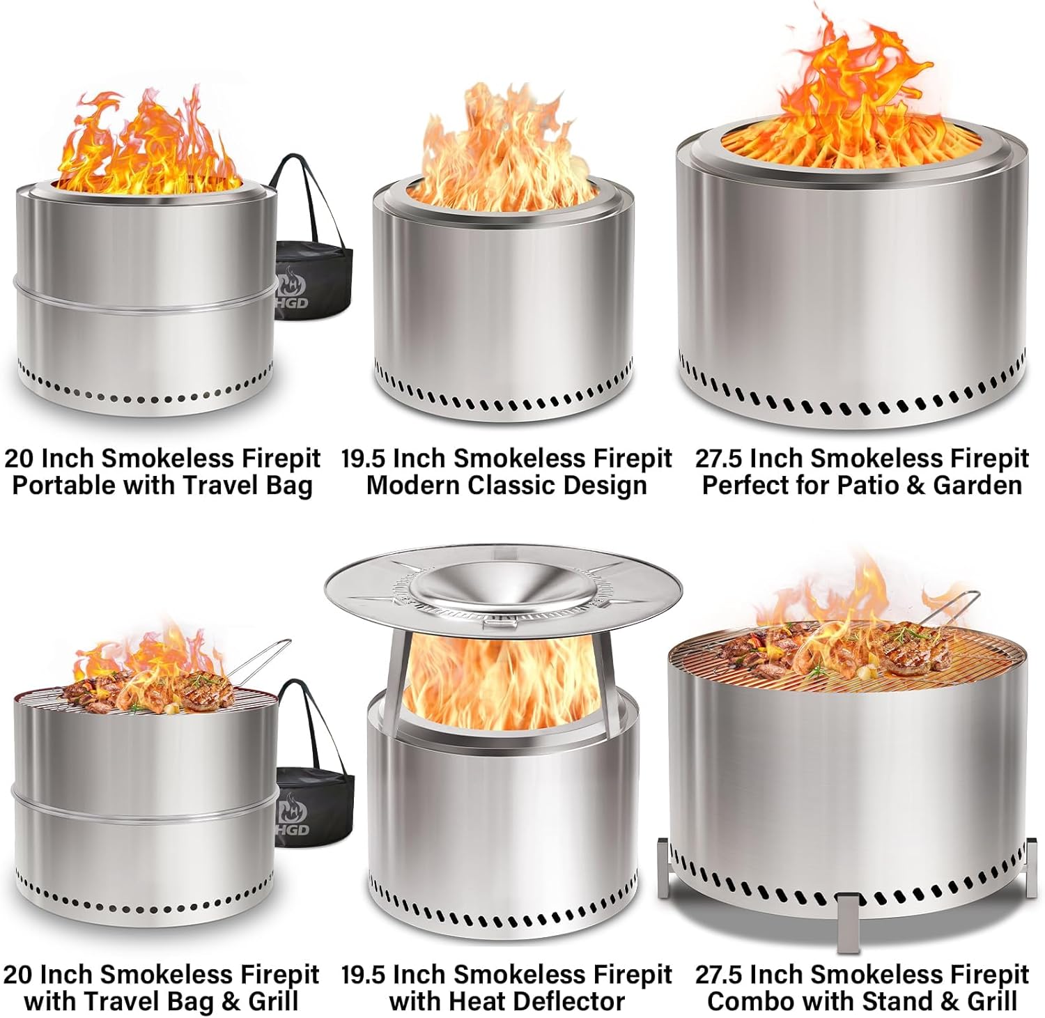 HGD 20 Inch Smokeless Fire Pit Outdoor, Stainless Steel Wood Burning Stove Firepit with Ash Pan, Portable Fire Pit for Backyard Patio Garden Picnic, BBQ Bonfire Stove