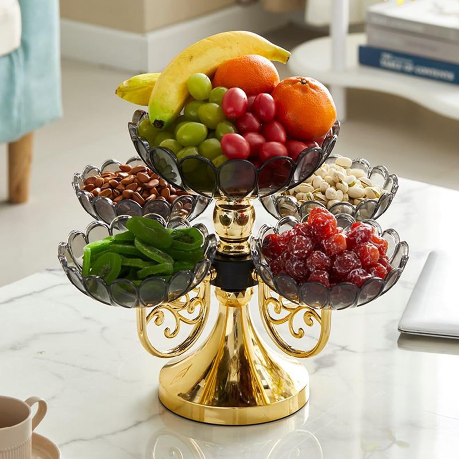 Piatto da portata rotante salvaspazio a 5 strati per frutta, noci, caramelle, organizer ideale per decorare il soggiorno