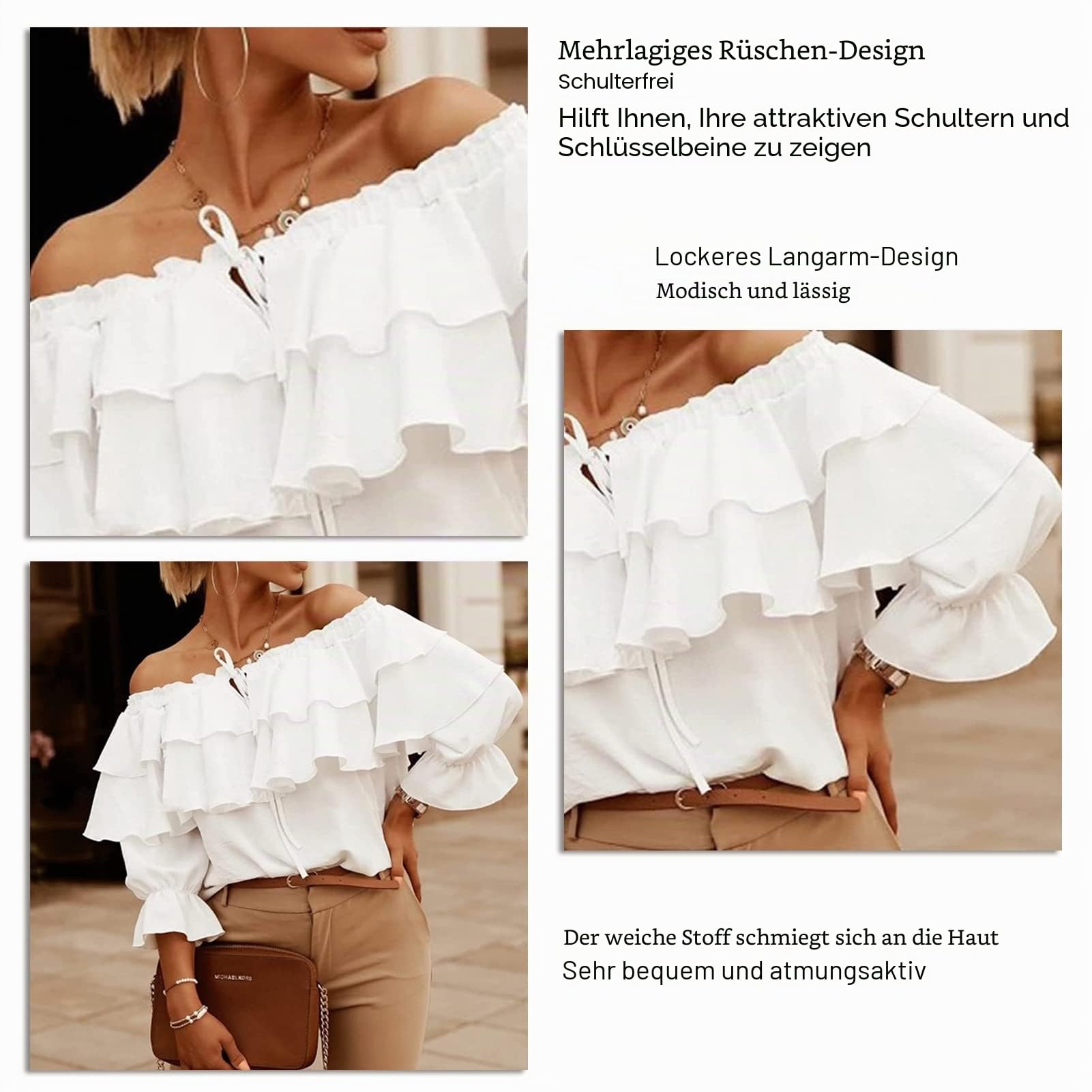 Damen Schulterfrei Oberteile 3/4 Geschichtete Rüschenärmel Rückenfrei T-Shirts Elegant Bluse Tops(m-Weiß)
