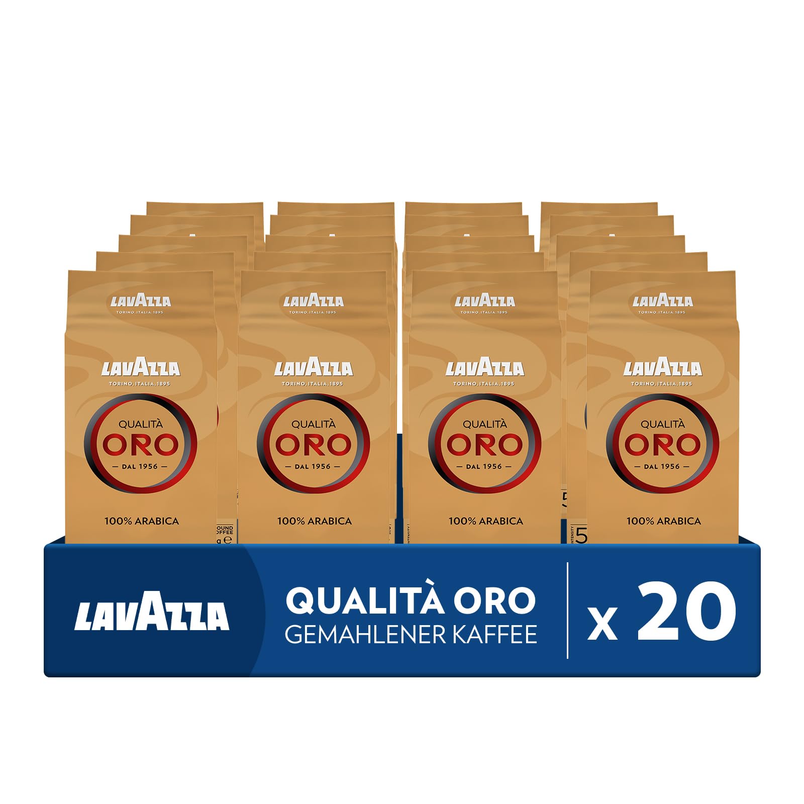 Lavazza, Qualità Oro, Gemahlener Kaffee, mit Aromanoten von Früchten und Blumen, für einen Samtigen Espresso, 100% Arabica Kaffeebohnen, Intensität 5/10, Mittlere Röstung, 250g (Packung mit 20)