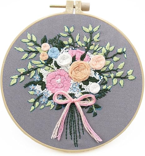 ikasus Kit de bordado para principiantes, manualidades, flores, práctico, costura, incluye ropa bordada con patrón, aros, instrucciones, hilo de